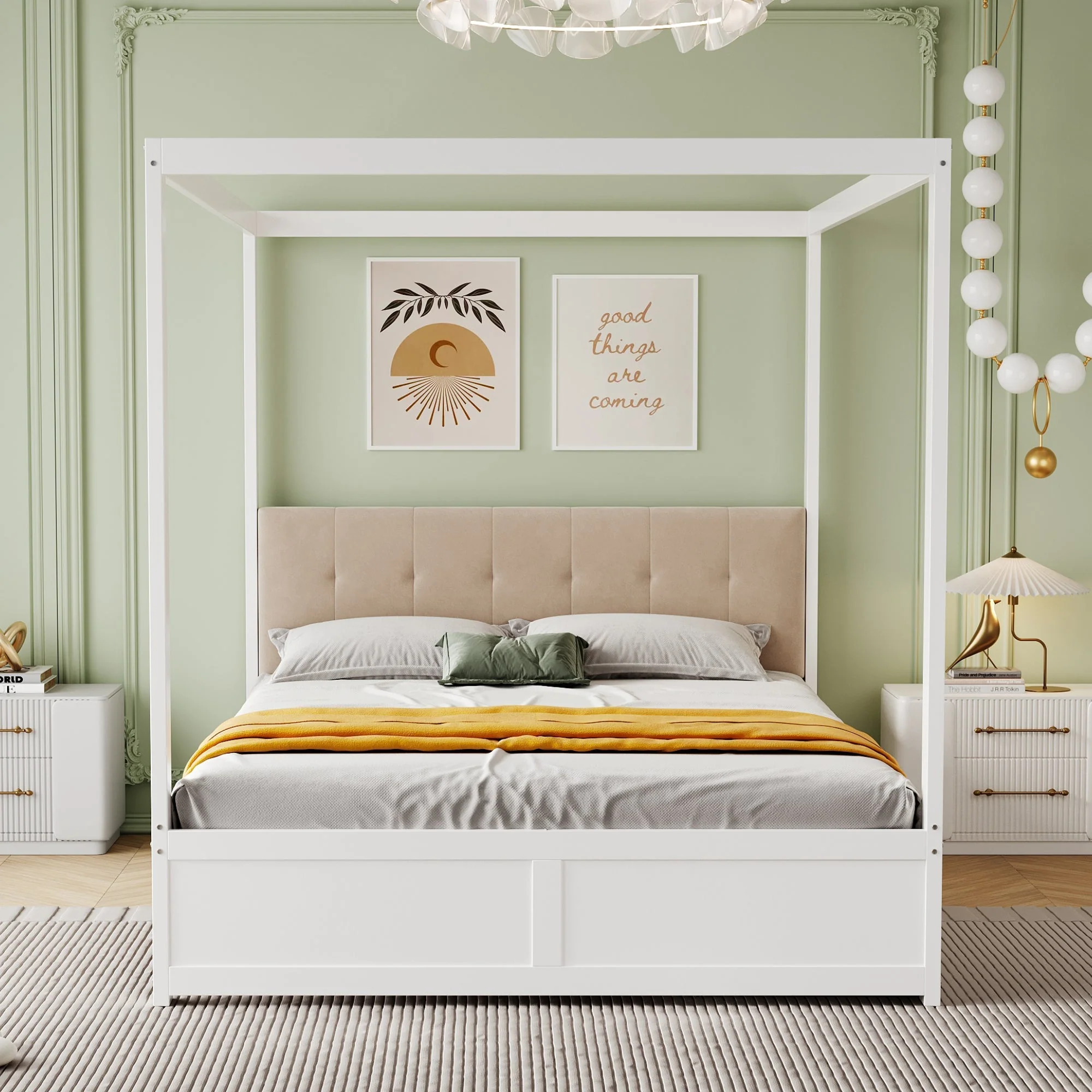 Canopy Bed, 140x200cm Large Drawers Soft Headboard, Wooden White - Image 3