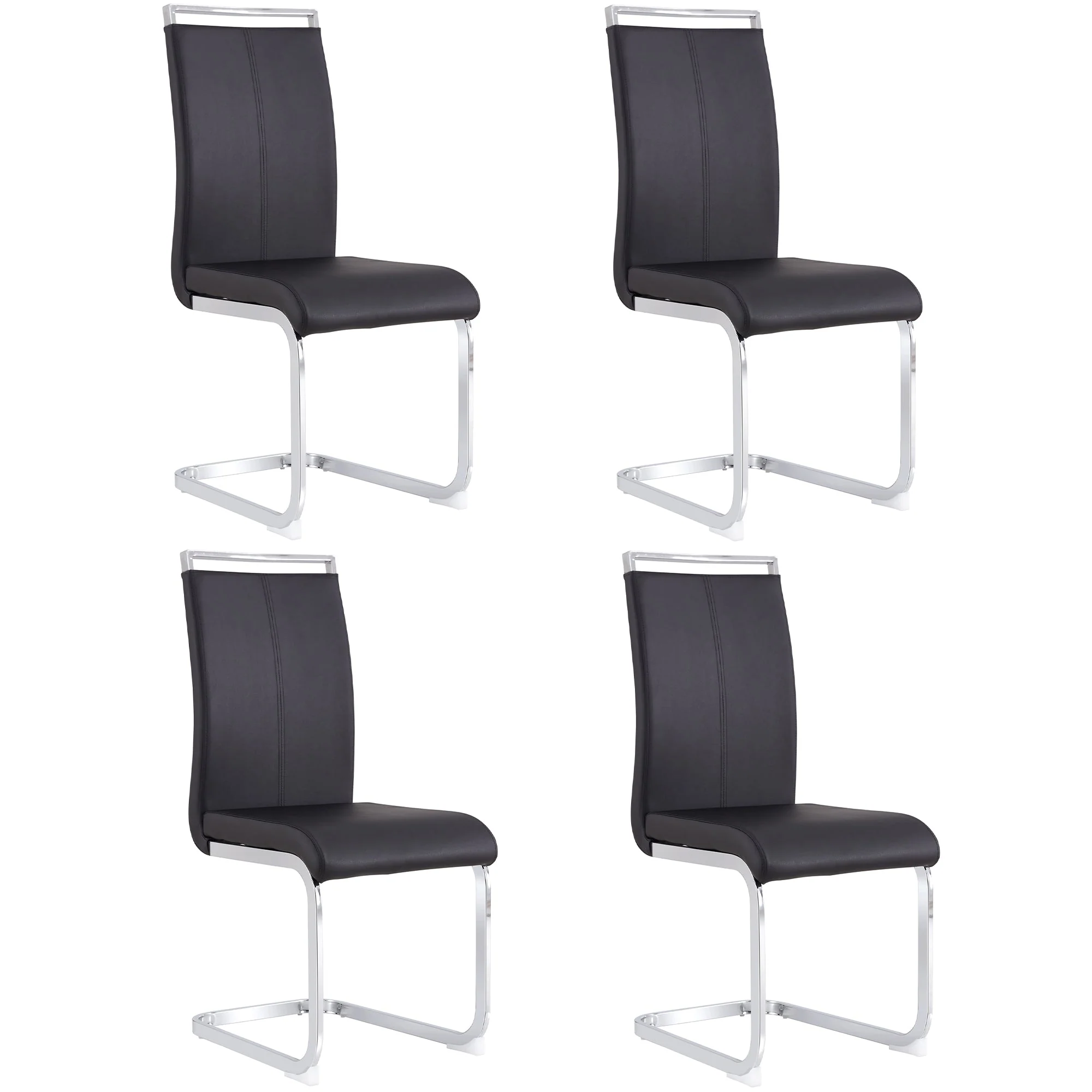 Cantilever Chair Set of 4, Padded Faux Leather Chrome Metal Frame 120kg, Black - Image 5