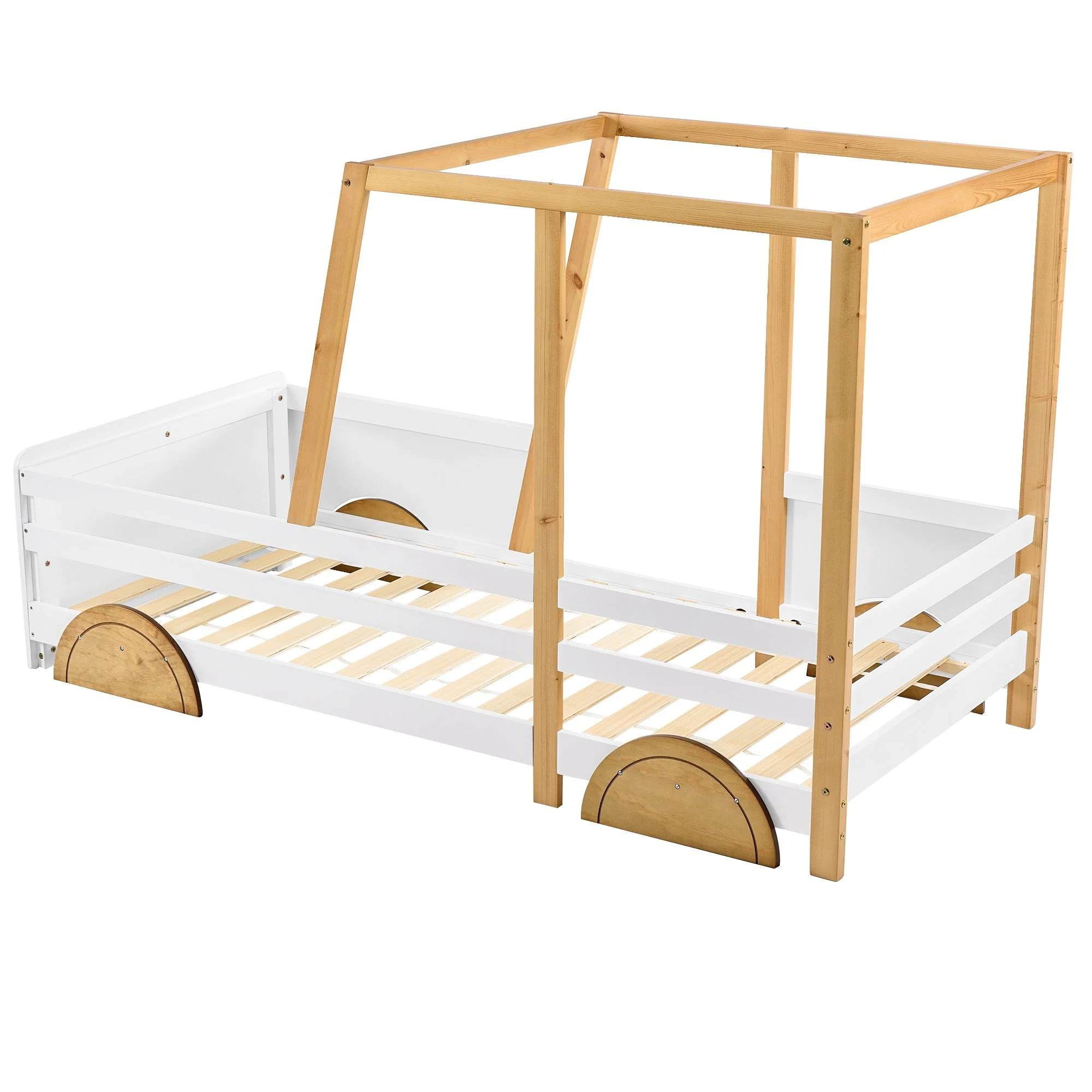 Car Bed, MDF Wheels Pine Frame, White + Natural (90x200cm) - Image 10