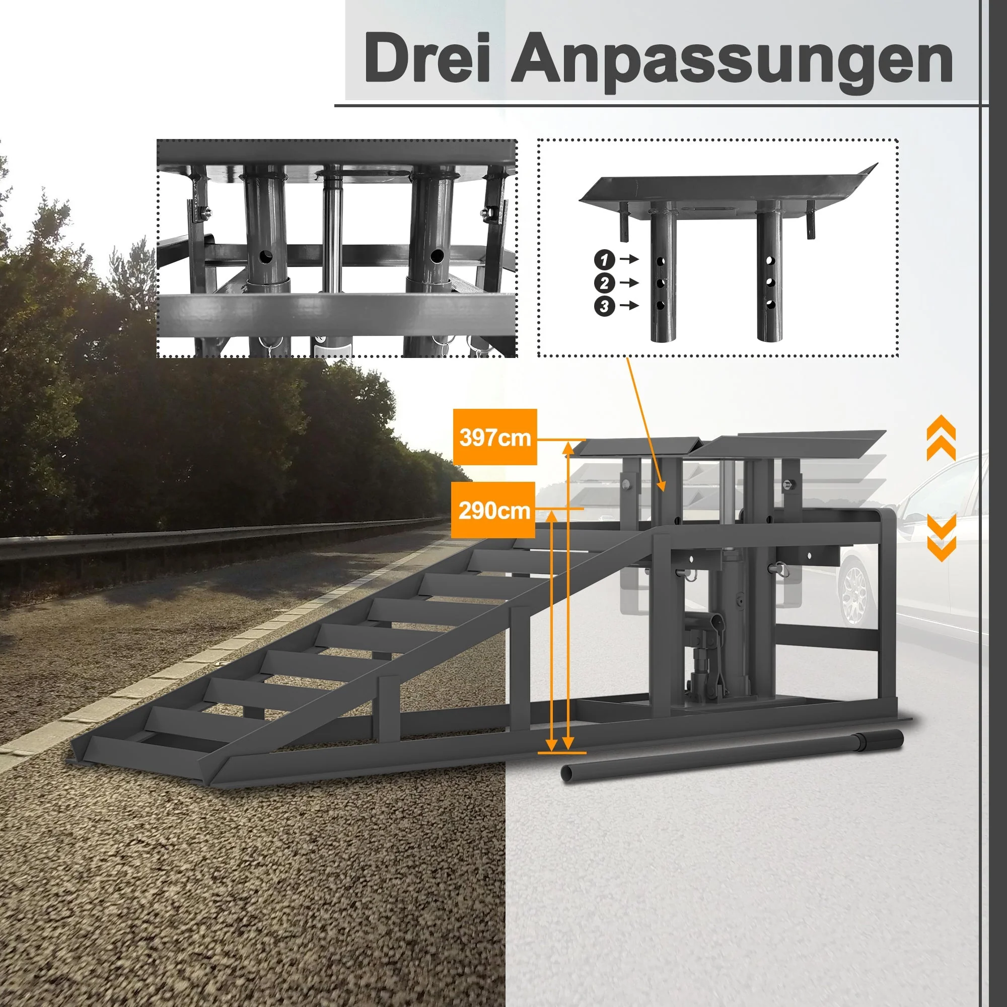 Car Loading Ramp Set, 2-Piece Height-Adjustable Lifting Platform, Grey