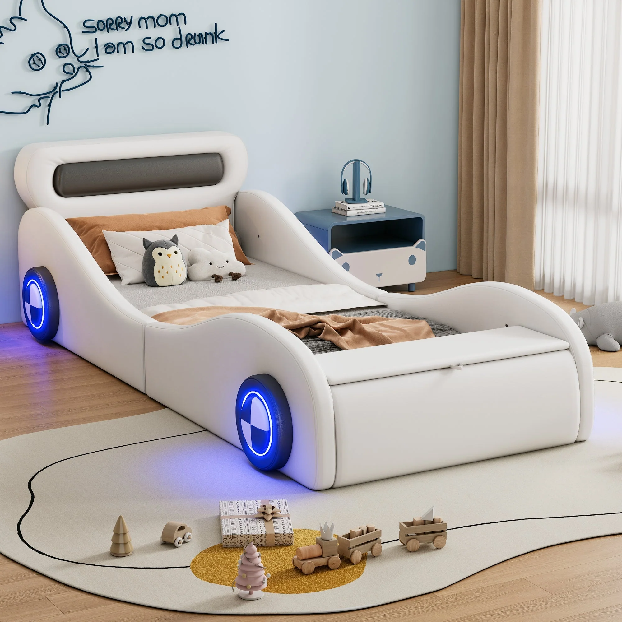 Car Shaped Upholstered Bed with Light-up Wheels and Storage, White PU - Image 2