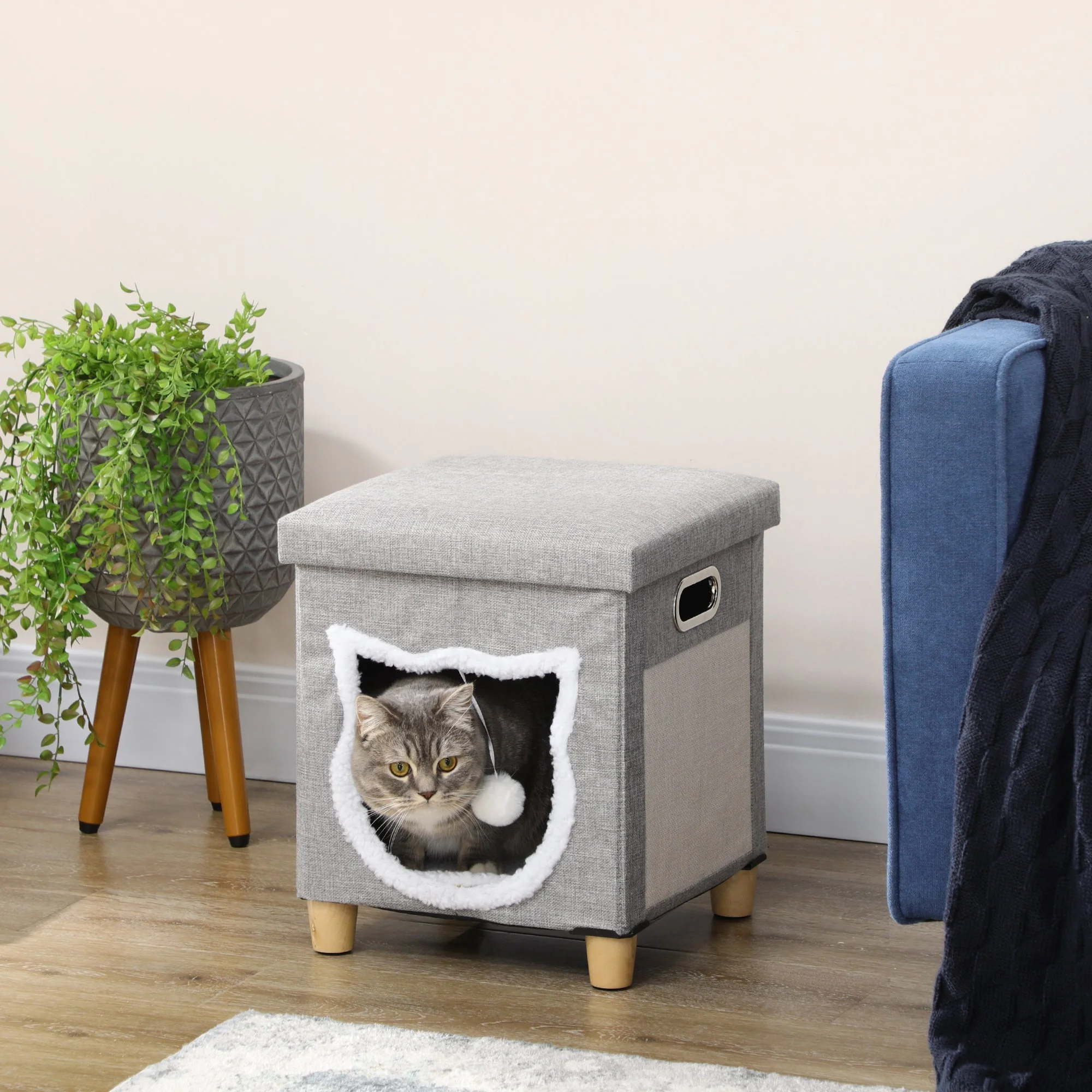Cat Cave Ottoman, Cushion, Scratching Mat, Grey Polyester