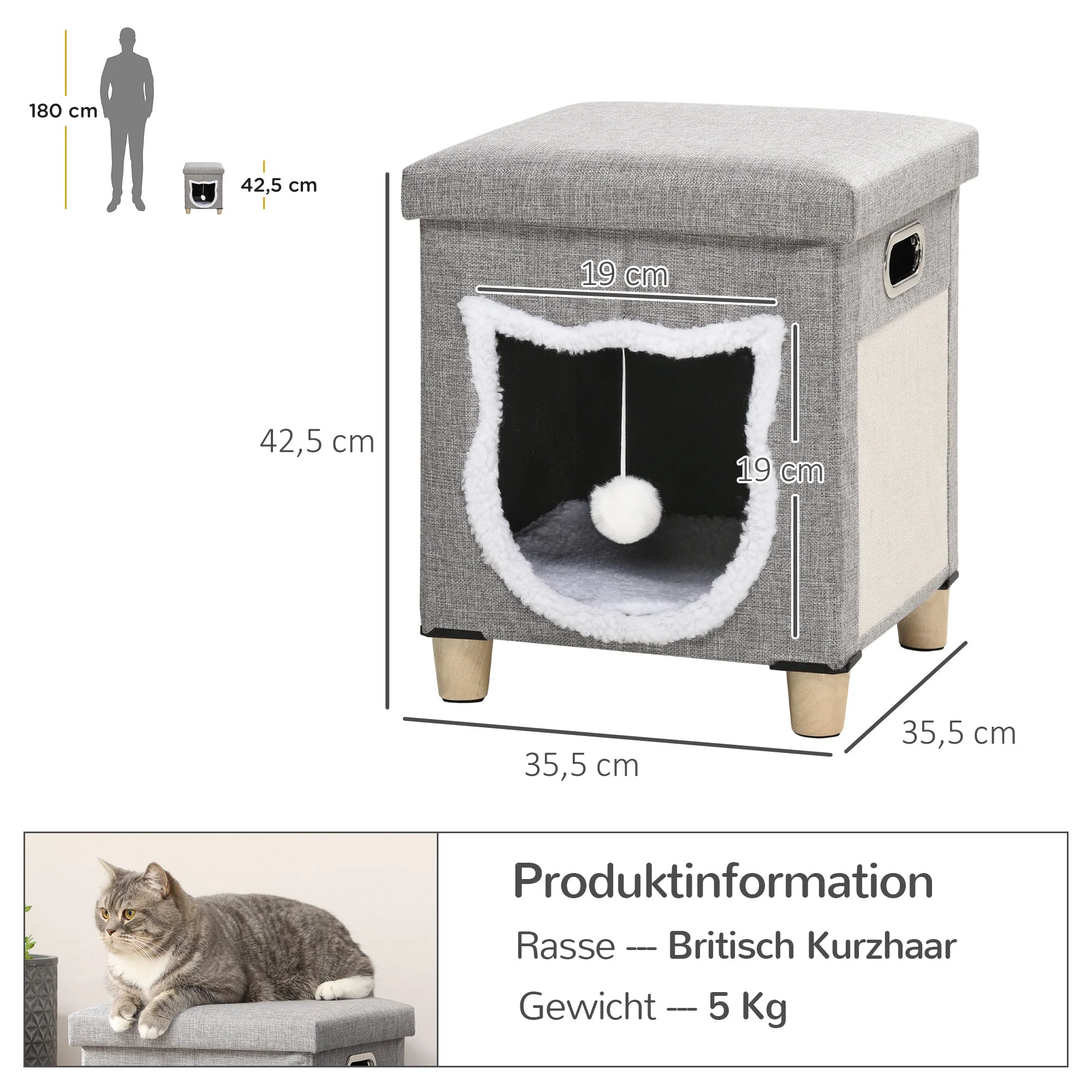 Cat Cave Ottoman, Cushion, Scratching Mat, Grey Polyester - Image 3