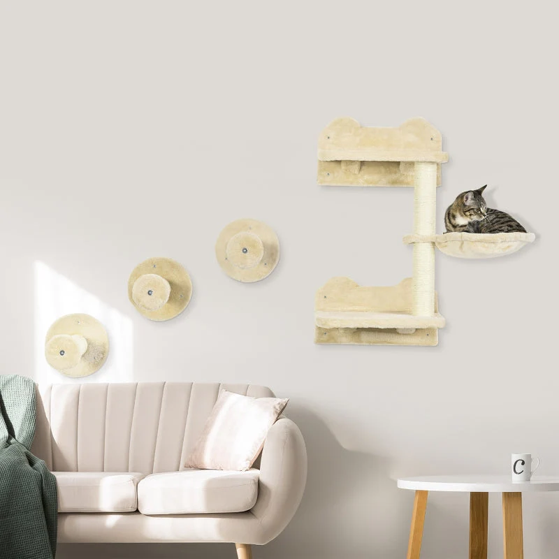 Cat Climbing Steps Set, 4-Piece Wall Stairs with Scratching Post & Hammock, Beige/Cream-White - Image 2