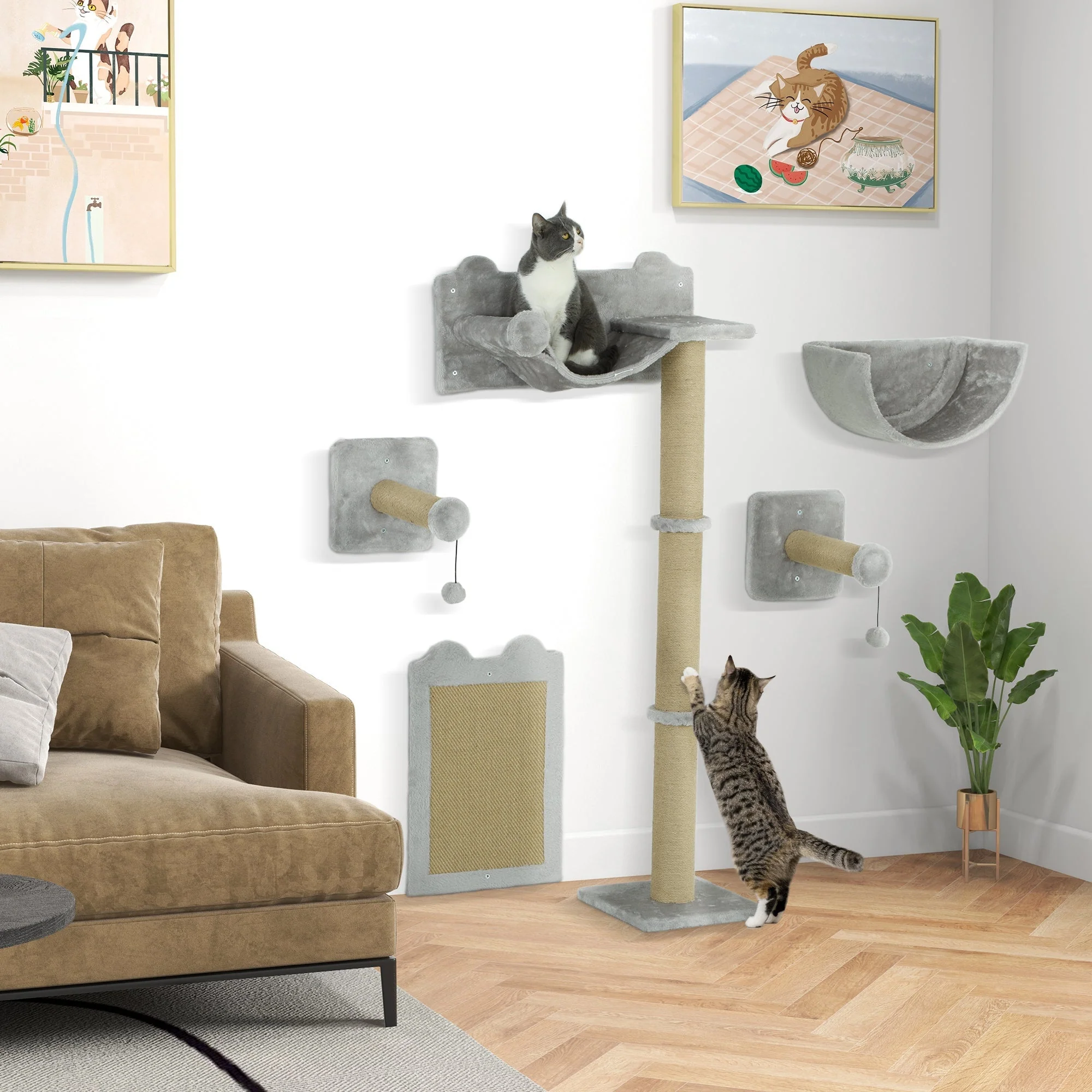 Cat Climbing Wall, 5-Piece, Hammock, Jumping Platform, Light Gray Polyester - Image 2