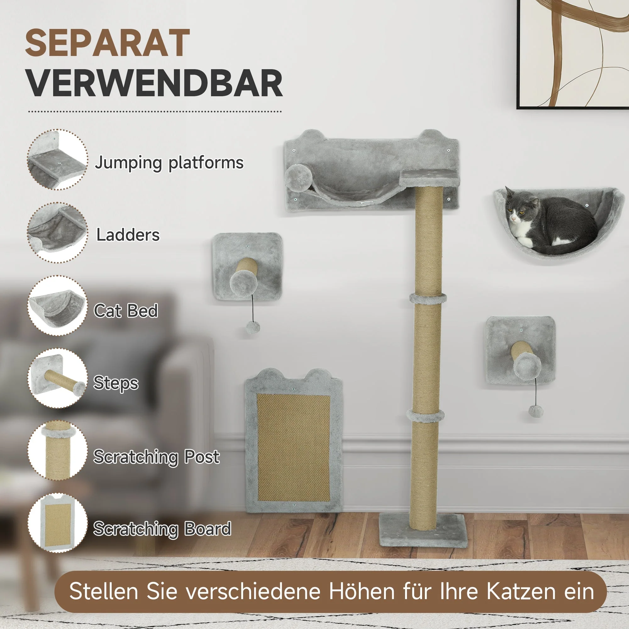 Cat Climbing Wall, 5-Piece, Hammock, Jumping Platform, Light Gray Polyester - Image 5