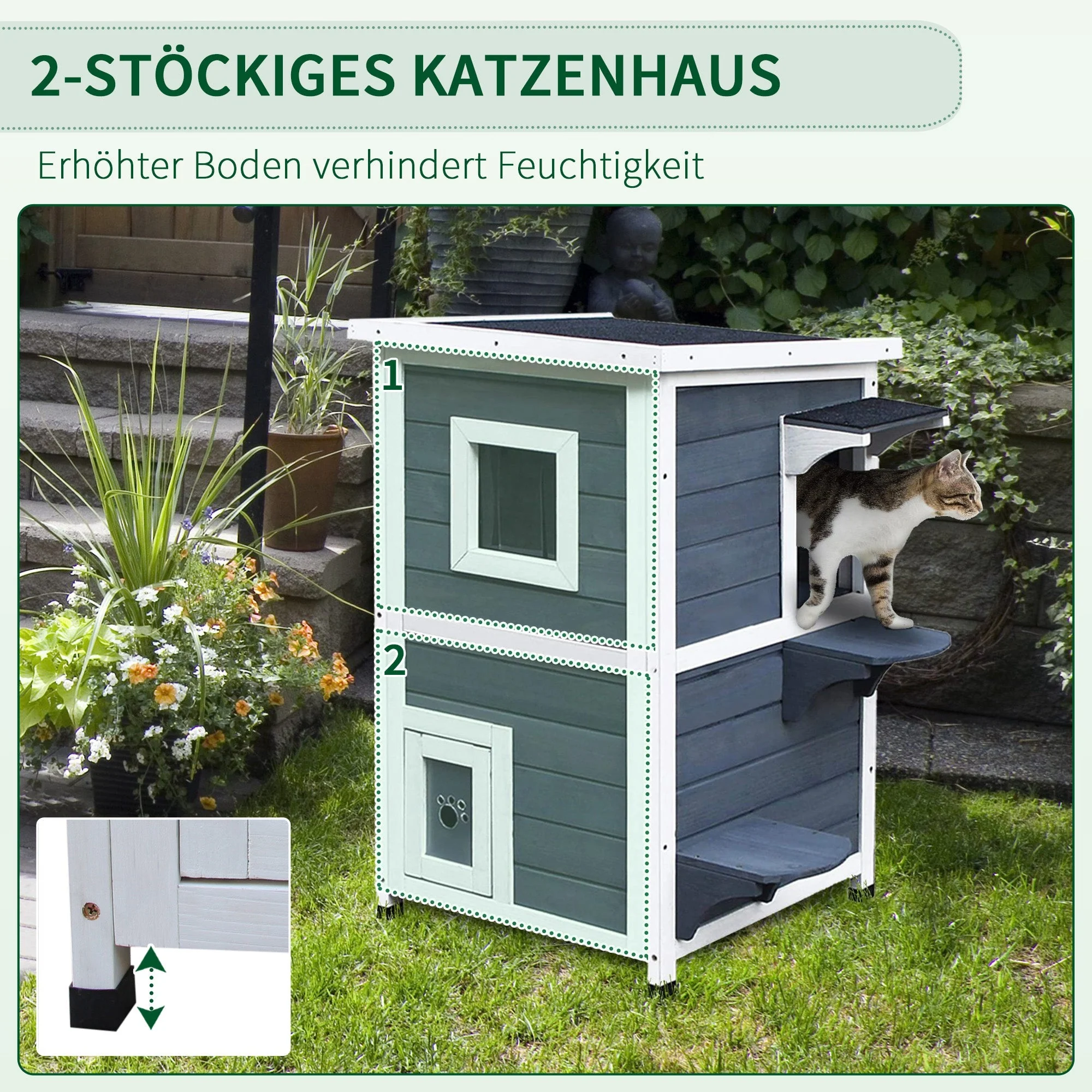 Cat House 2-Level Villa with Stairs, Grey Fir Wood - Image 5