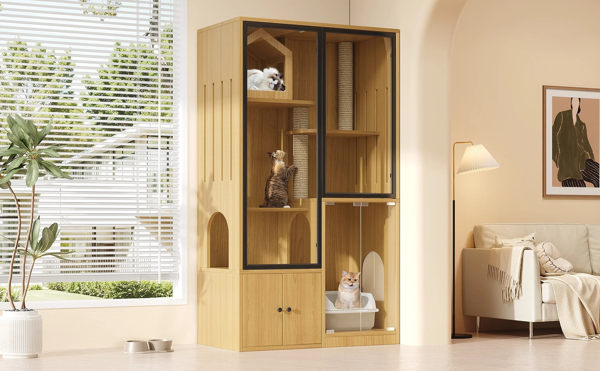 Cat House 4-Story Glass 90x50x160cm with Scratching Post - Yellow Maple Wood - Image 10