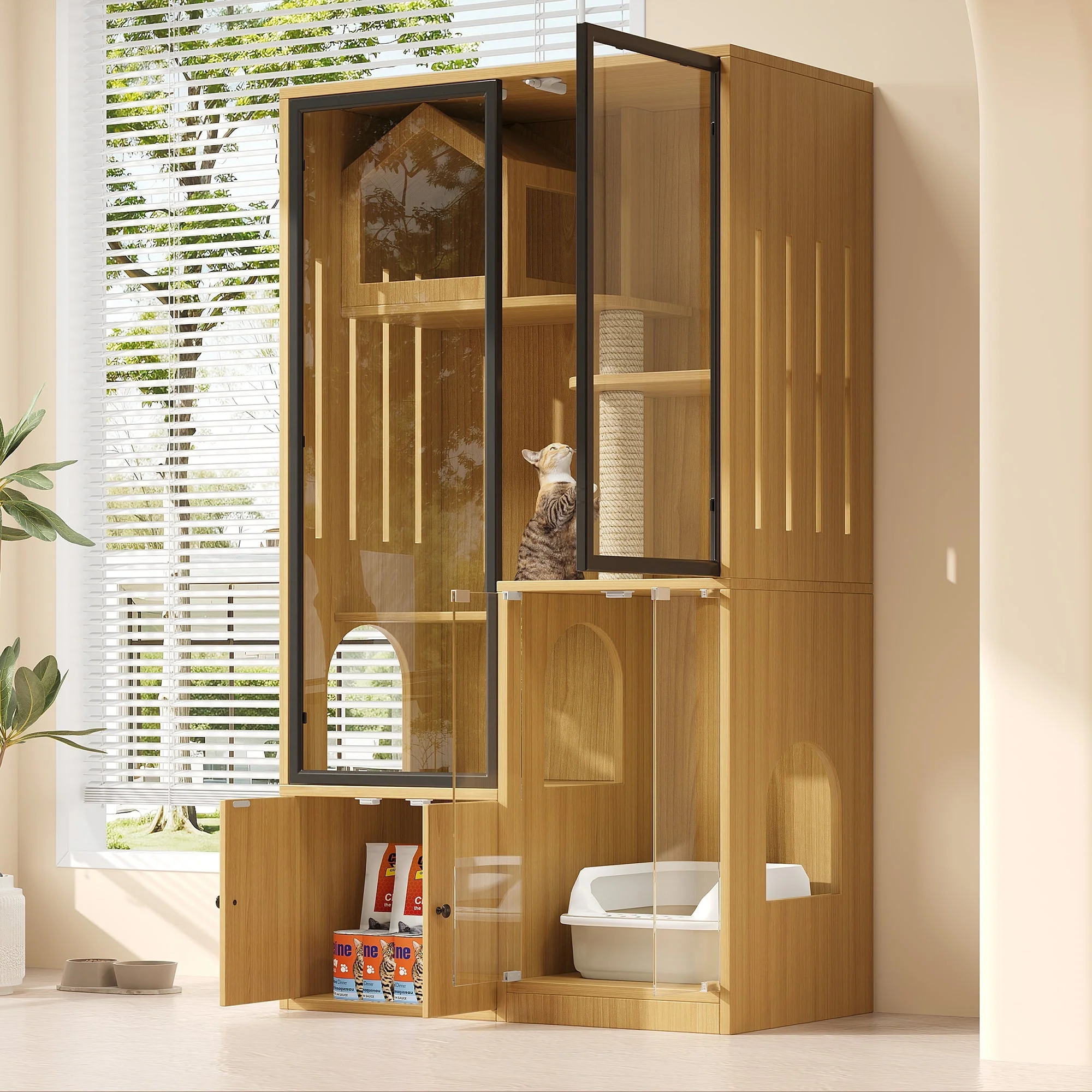Cat House 4-Story Glass 90x50x160cm with Scratching Post - Yellow Maple Wood - Image 2