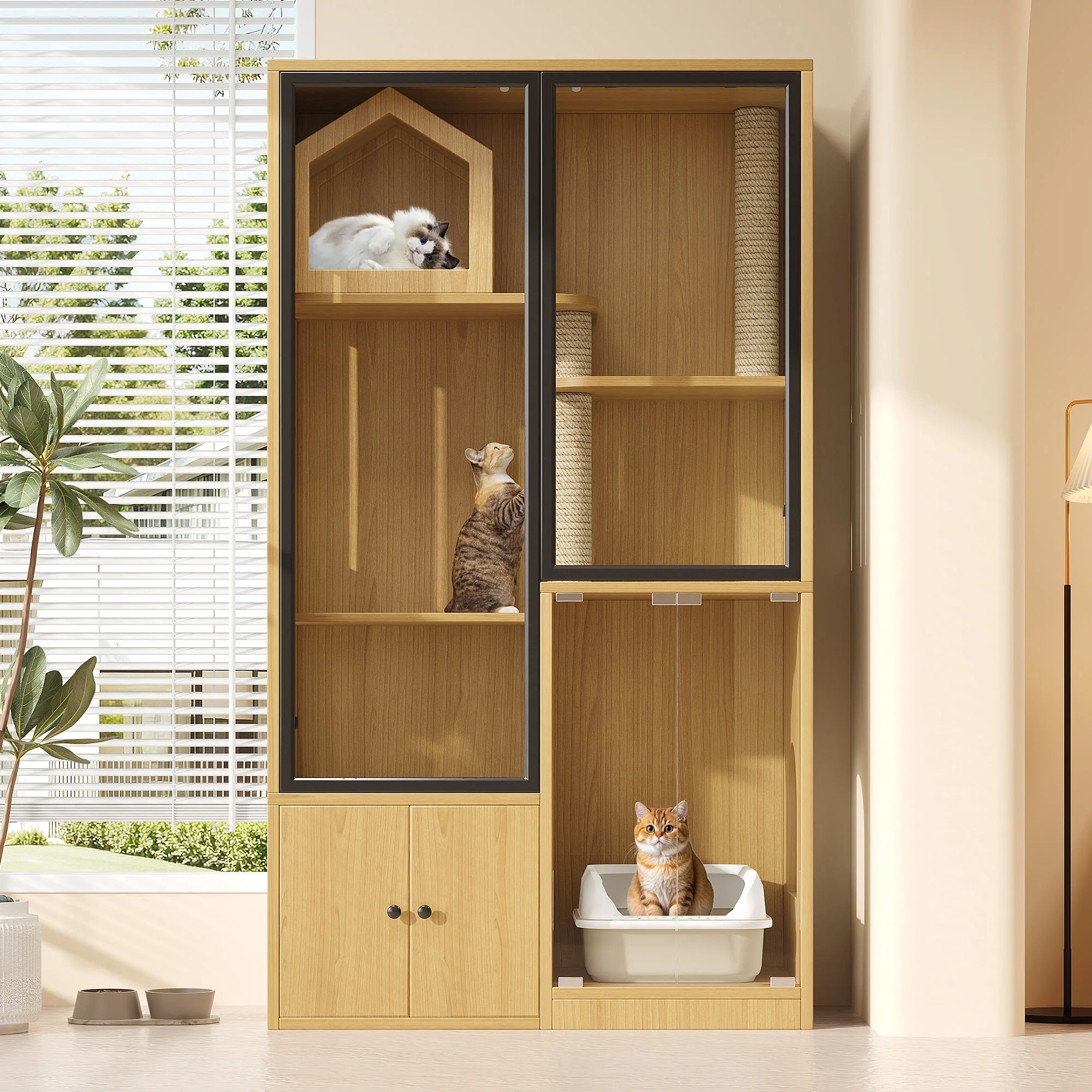 Cat House 4-Story Glass 90x50x160cm with Scratching Post - Yellow Maple Wood - Image 3