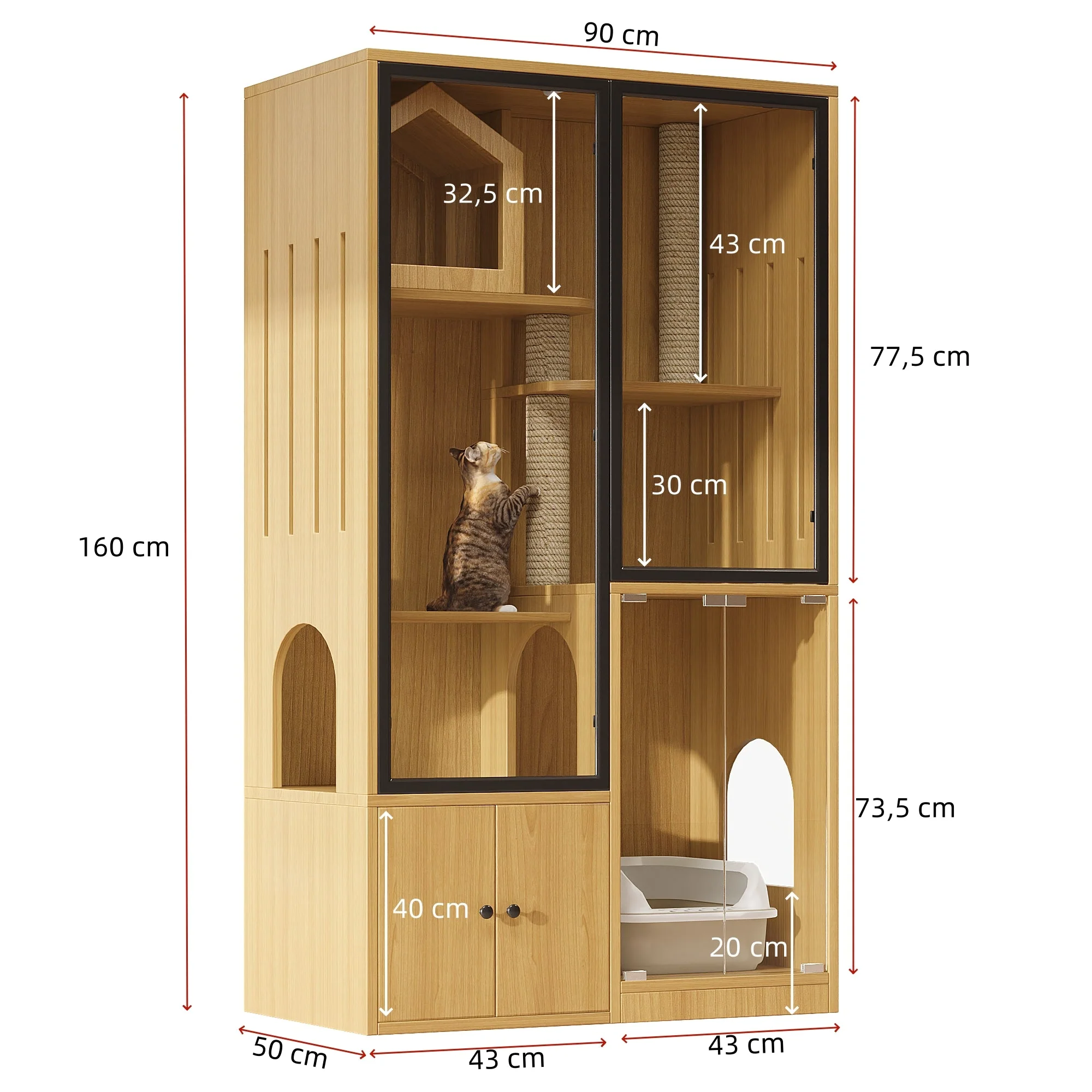 Cat House 4-Story Glass 90x50x160cm with Scratching Post - Yellow Maple Wood - Image 4
