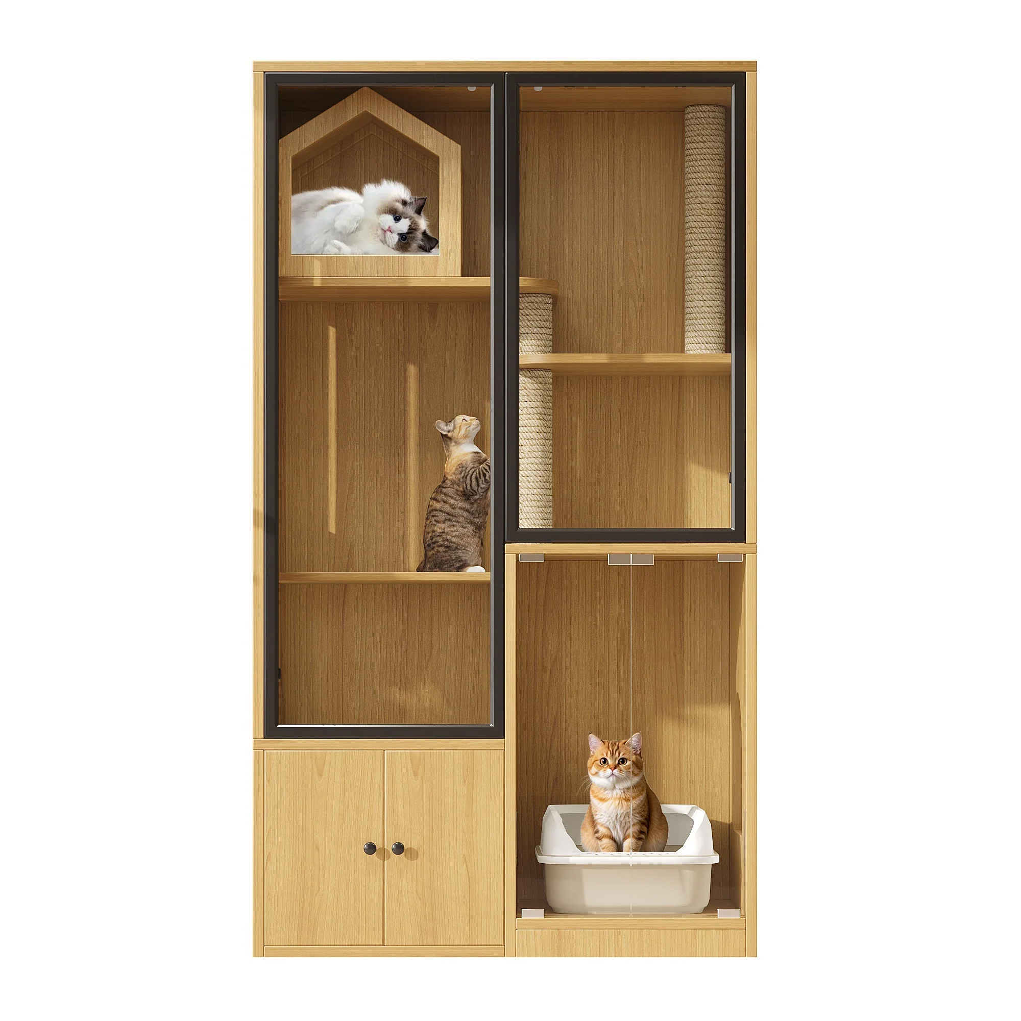 Cat House 4-Story Glass 90x50x160cm with Scratching Post - Yellow Maple Wood - Image 5