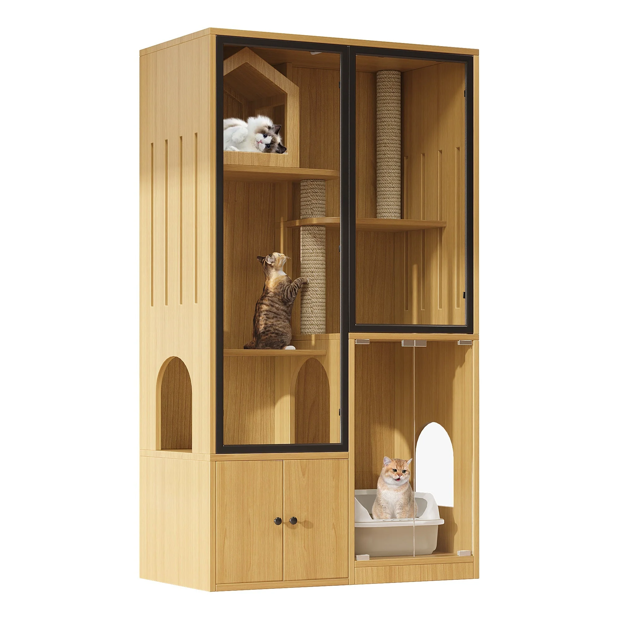 Cat House 4-Story Glass 90x50x160cm with Scratching Post - Yellow Maple Wood - Image 6