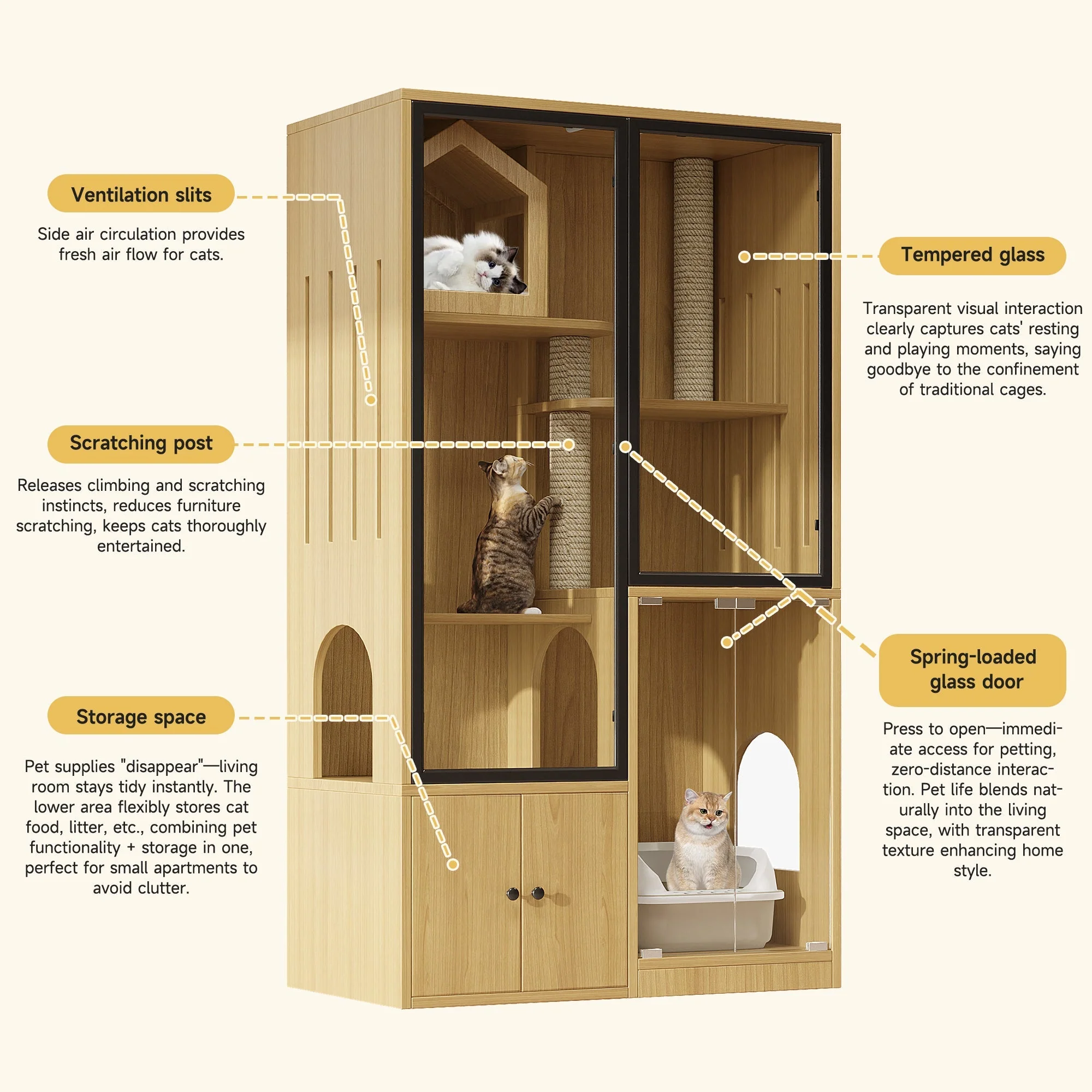 Cat House 4-Story Glass 90x50x160cm with Scratching Post - Yellow Maple Wood - Image 7