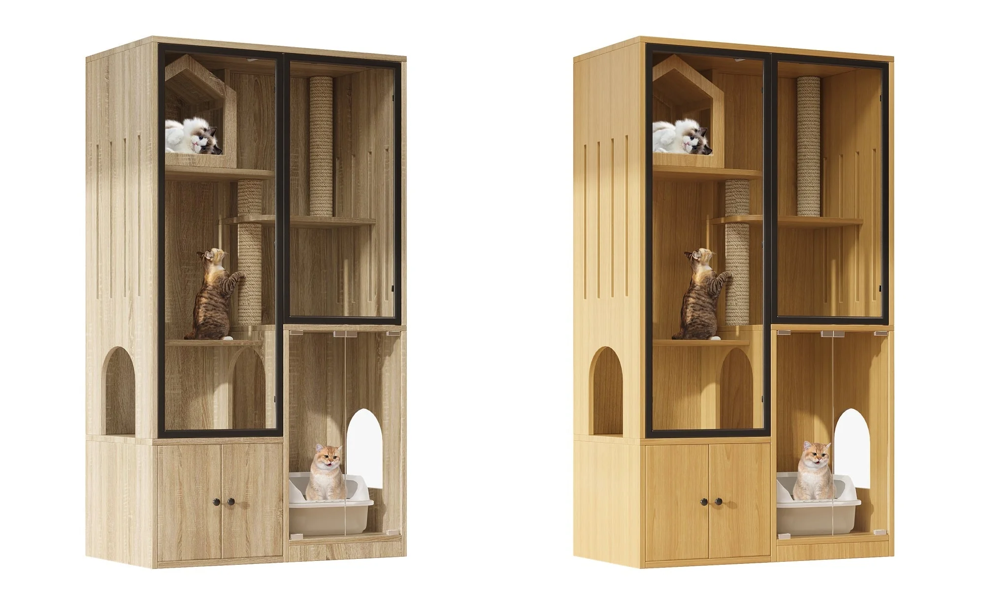 Cat House 4-Story Glass 90x50x160cm with Scratching Post - Yellow Maple Wood - Image 8