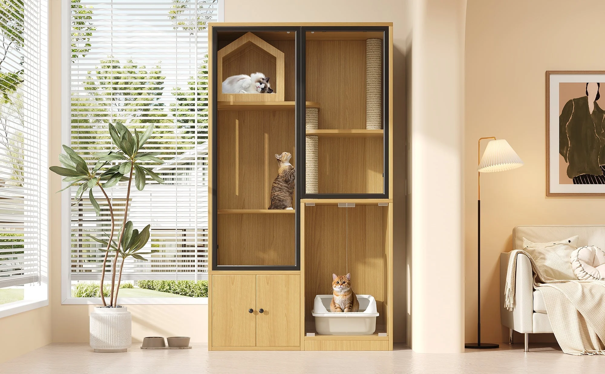 Cat House 4-Story Glass 90x50x160cm with Scratching Post - Yellow Maple Wood - Image 9