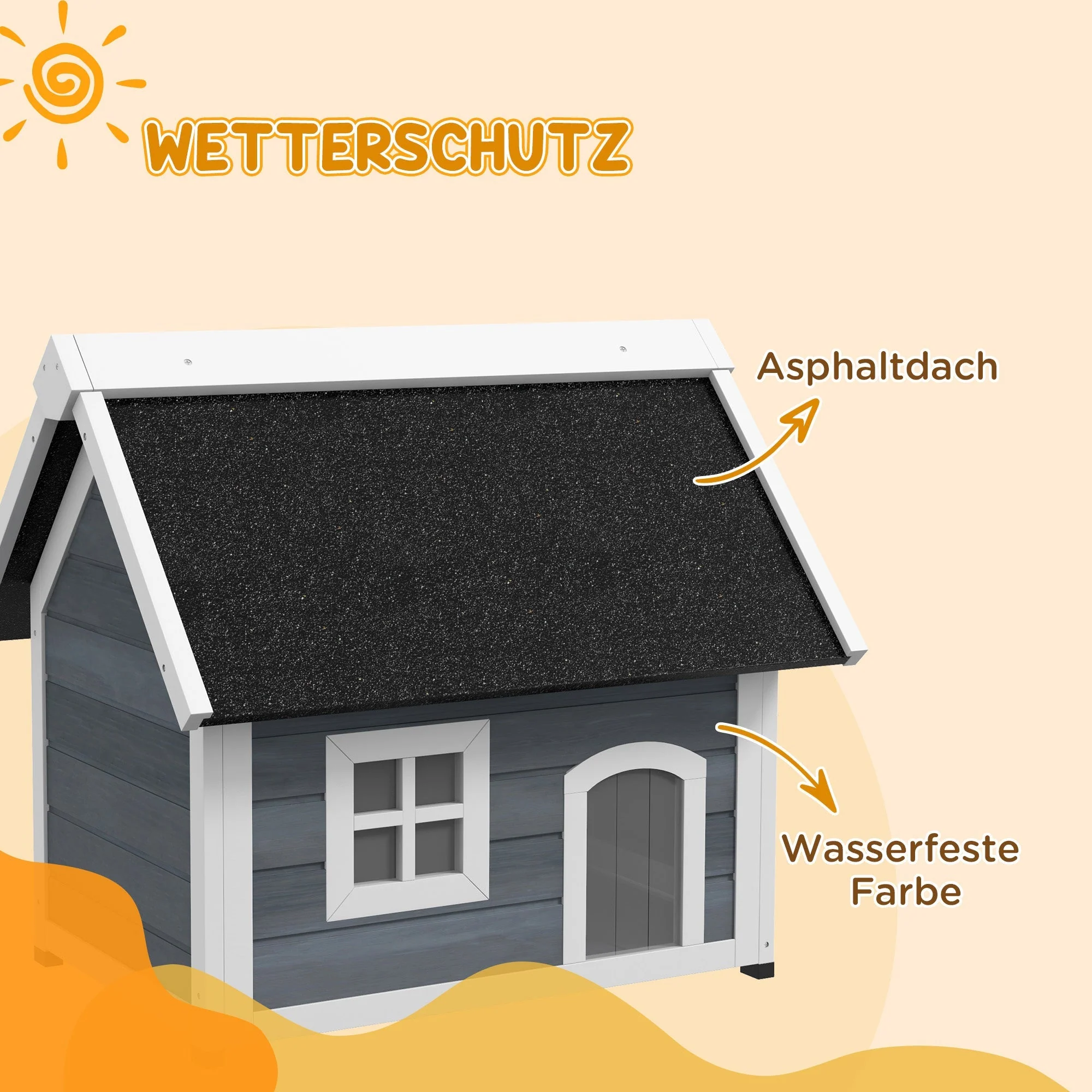 Cat House/Cave, Weatherproof Wooden with Hinged Roof, 3 Doors, Grey - Image 6