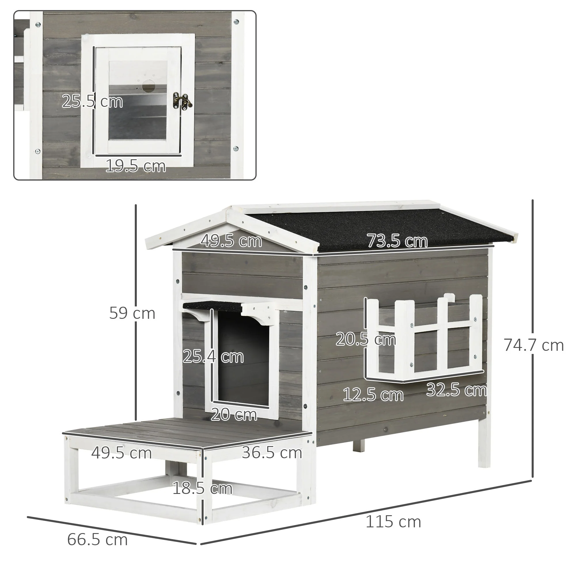Cat House/Hut with Terrace & Balcony Fir Wood Grey & White - Image 3