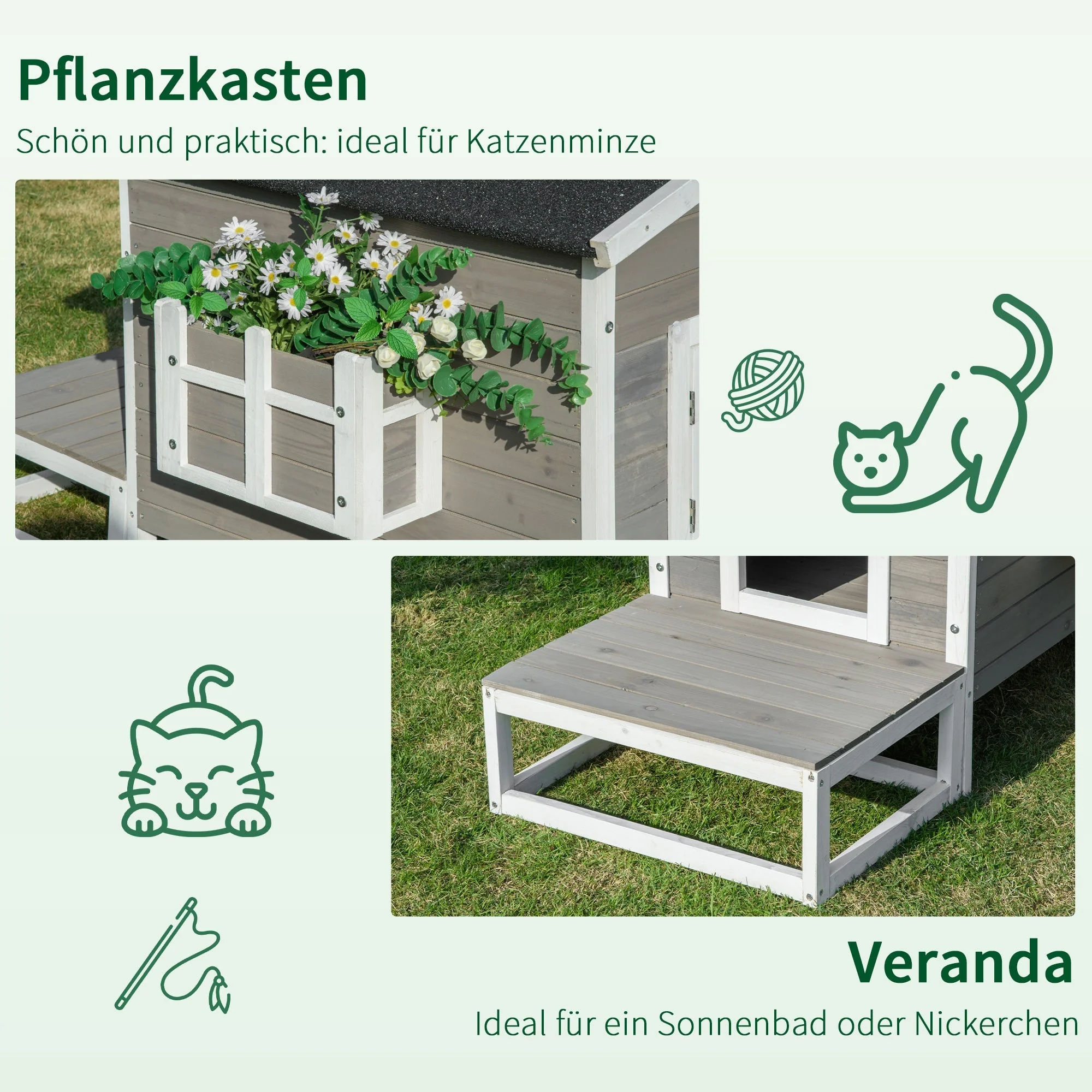 Cat House/Hut with Terrace & Balcony Fir Wood Grey & White - Image 6