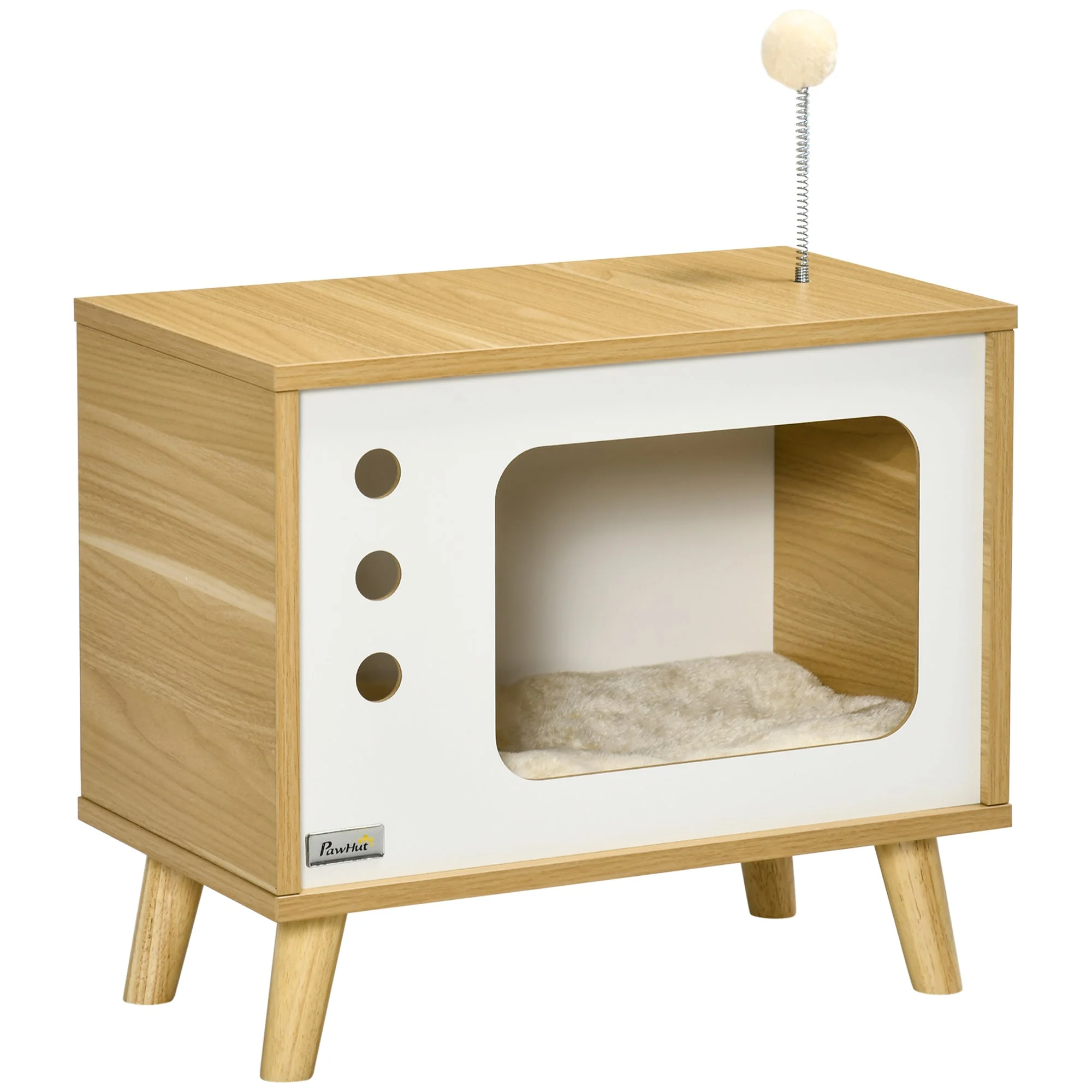 Cat House TV-Design, with Play Ball & Cushion, Oak/Beige/White - Image 2
