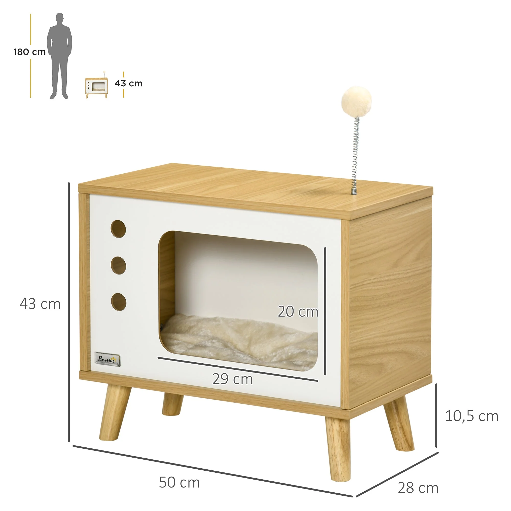 Cat House TV-Design, with Play Ball & Cushion, Oak/Beige/White - Image 3