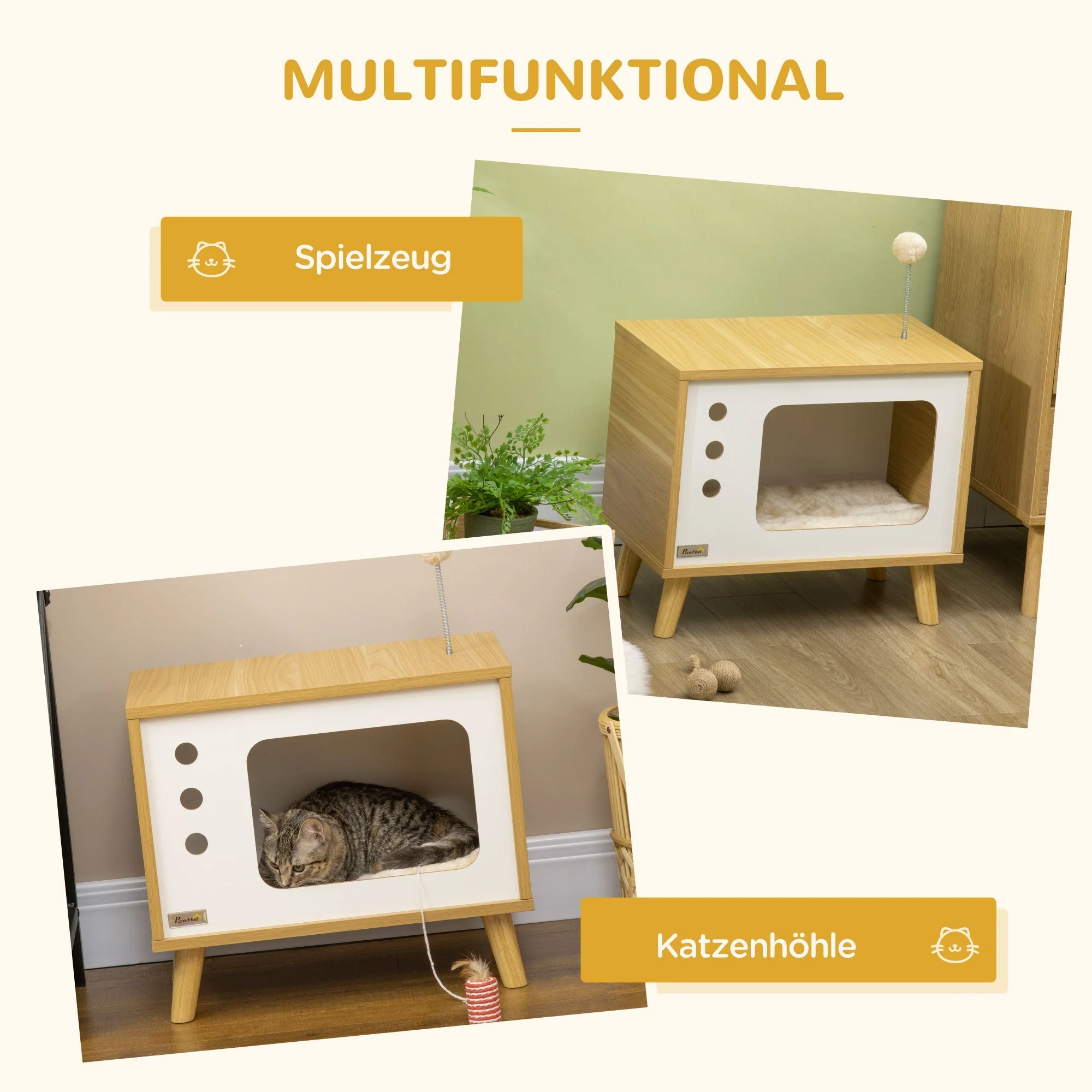 Cat House TV-Design, with Play Ball & Cushion, Oak/Beige/White - Image 4