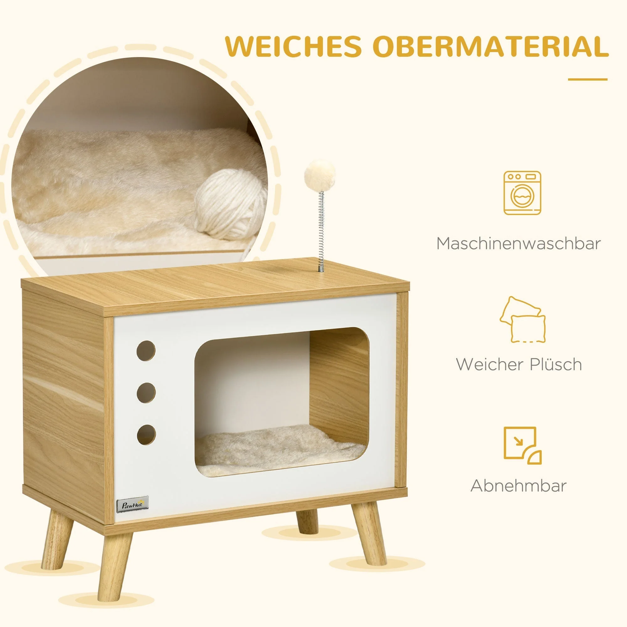 Cat House TV-Design, with Play Ball & Cushion, Oak/Beige/White - Image 5