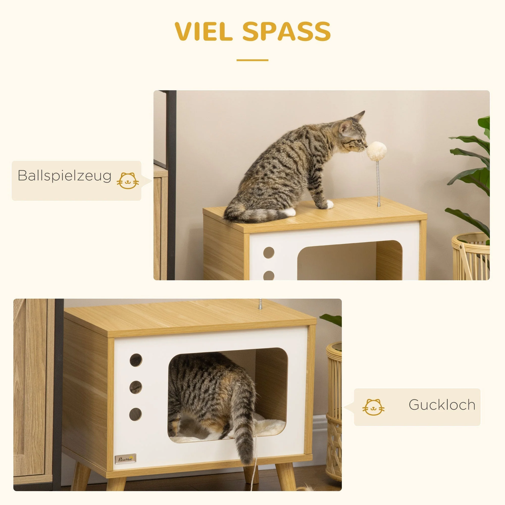Cat House TV-Design, with Play Ball & Cushion, Oak/Beige/White - Image 6