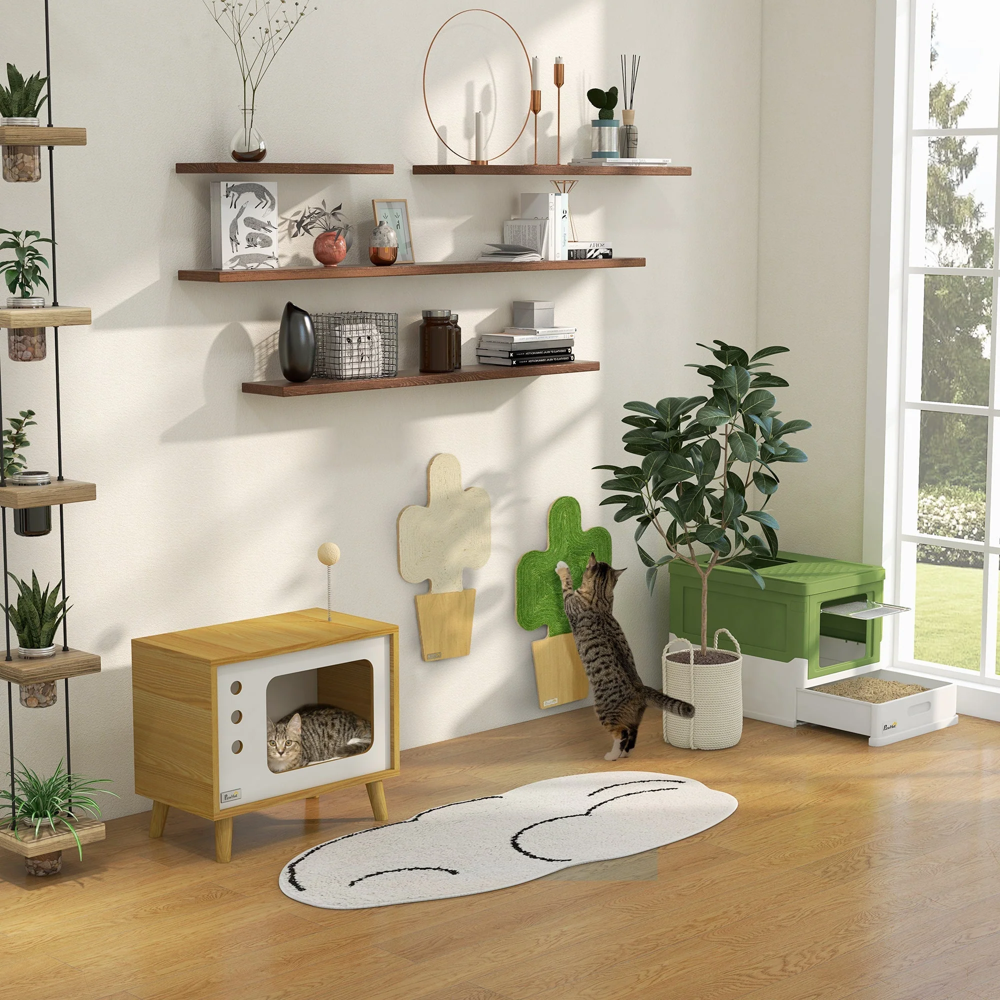 Cat House TV-Design, with Play Ball & Cushion, Oak/Beige/White - Image 7