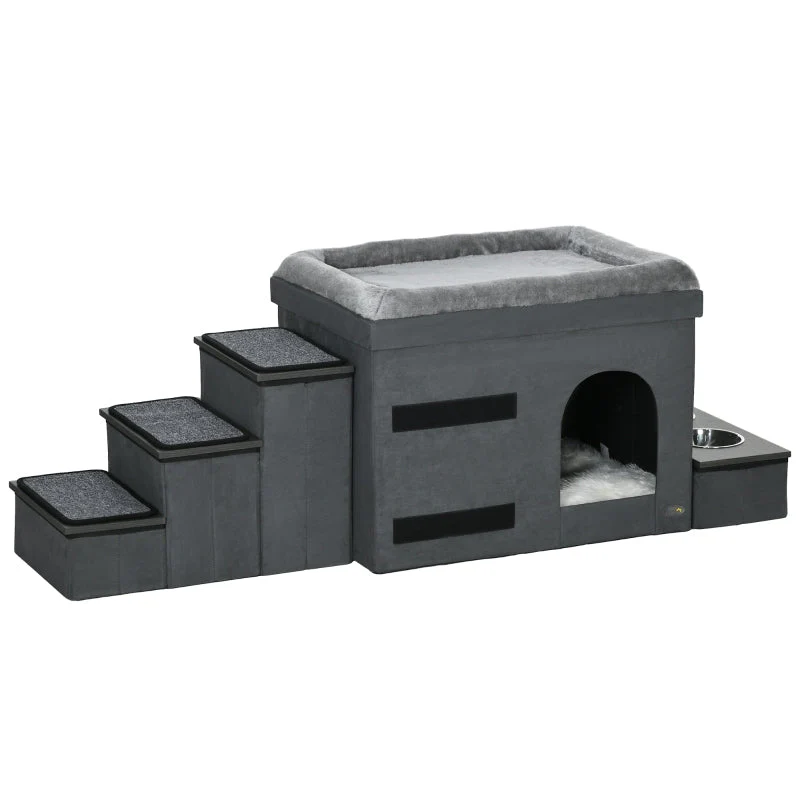Cat House with 3 Pet Stairs & 2 Food Bowls, Grey - Image 2