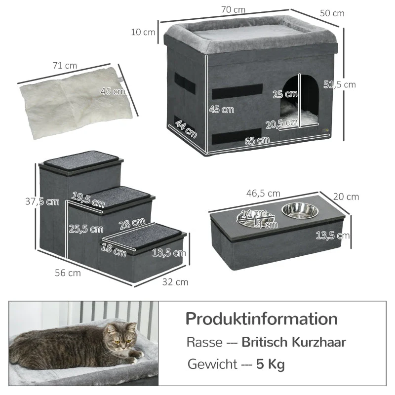 Cat House with 3 Pet Stairs & 2 Food Bowls, Grey - Image 3