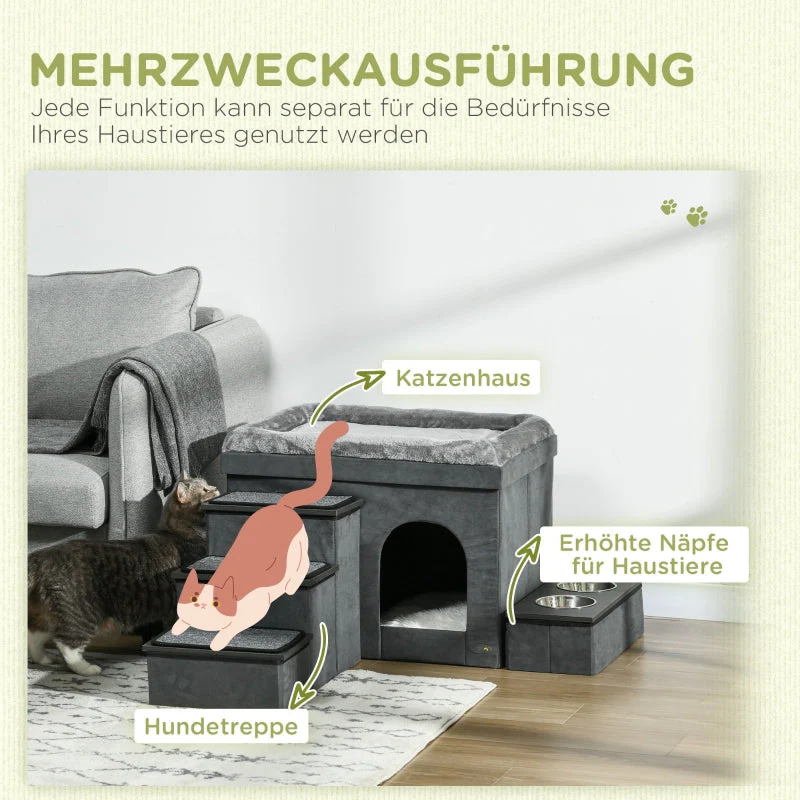 Cat House with 3 Pet Stairs & 2 Food Bowls, Grey - Image 4