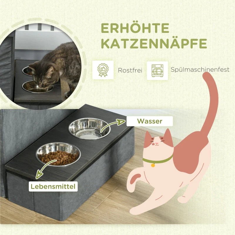 Cat House with 3 Pet Stairs & 2 Food Bowls, Grey - Image 5
