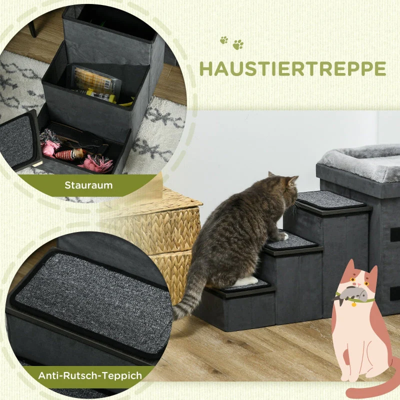 Cat House with 3 Pet Stairs & 2 Food Bowls, Grey - Image 6