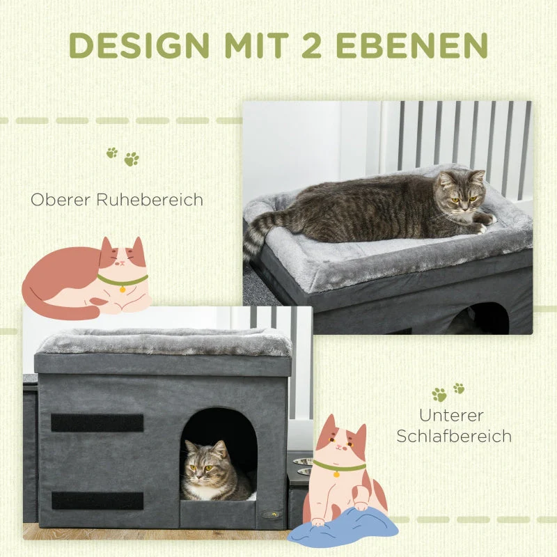 Cat House with 3 Pet Stairs & 2 Food Bowls, Grey - Image 7