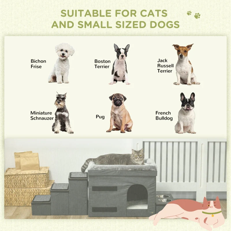 Cat House with 3 Pet Stairs & 2 Food Bowls, Grey - Image 8
