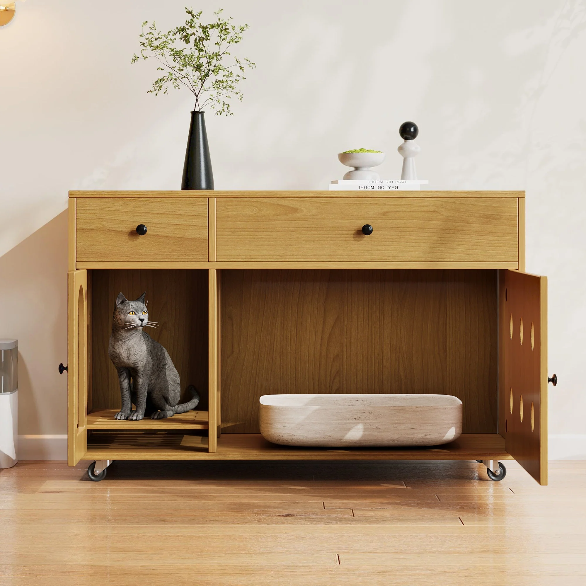 Cat Litter Box Cabinet, Removable Sand Drain, Odor-Insulated, 100x45x66 cm, Natural Wood/Yellow Maple Color - Image 3