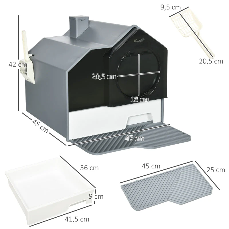 Cat Litter Box, Removable Tray with Sieve Mat & Scoop, Grey - Image 3