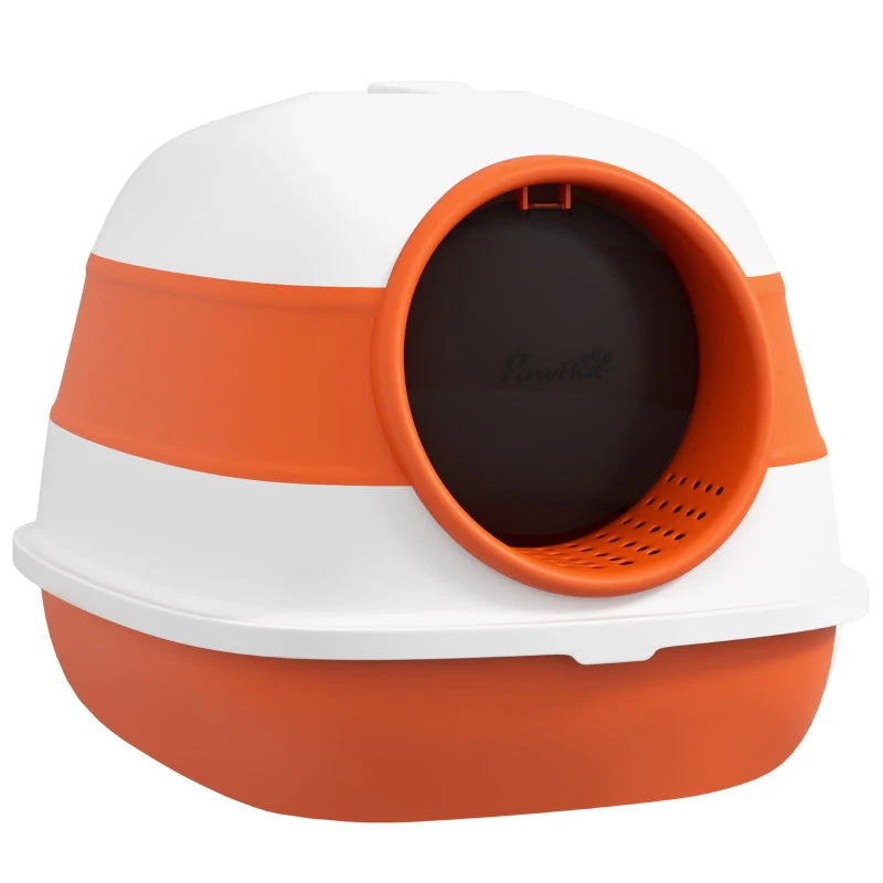 Cat Litter Box, with Lid and Scoop, White/Orange - Image 2