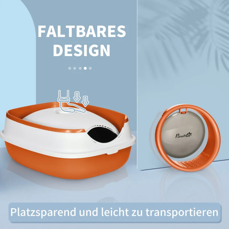 Cat Litter Box, with Lid and Scoop, White/Orange - Image 6