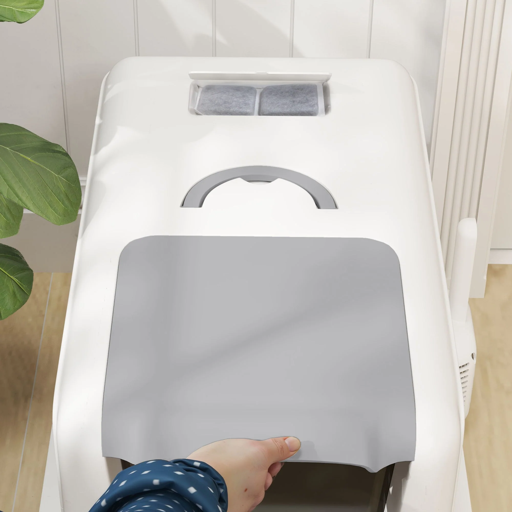 Cat Litter Box with Lid, Built-in Filter, Stainless Steel, White - Image 8