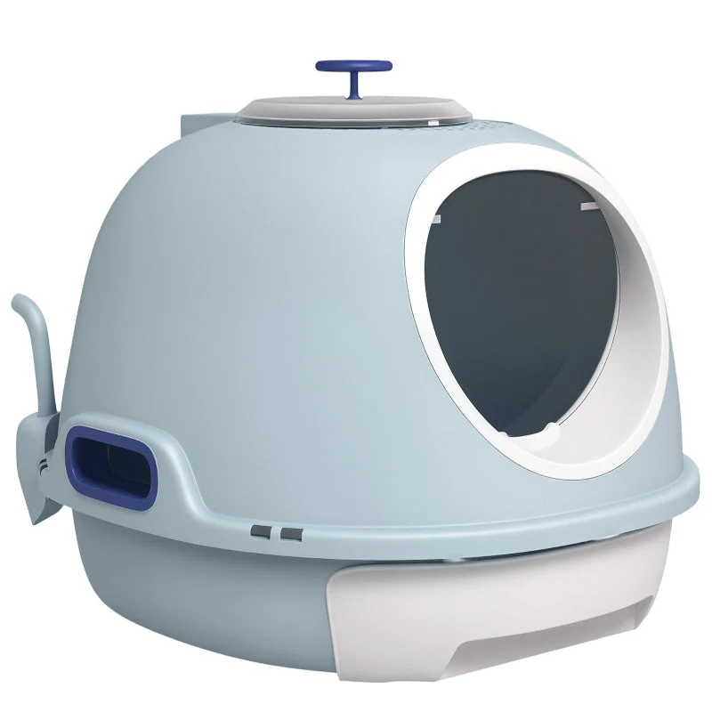 Cat Litter Box with Skylight, Bottom Tray & Scoop, Portable, Lake Blue PP ABS - Image 2