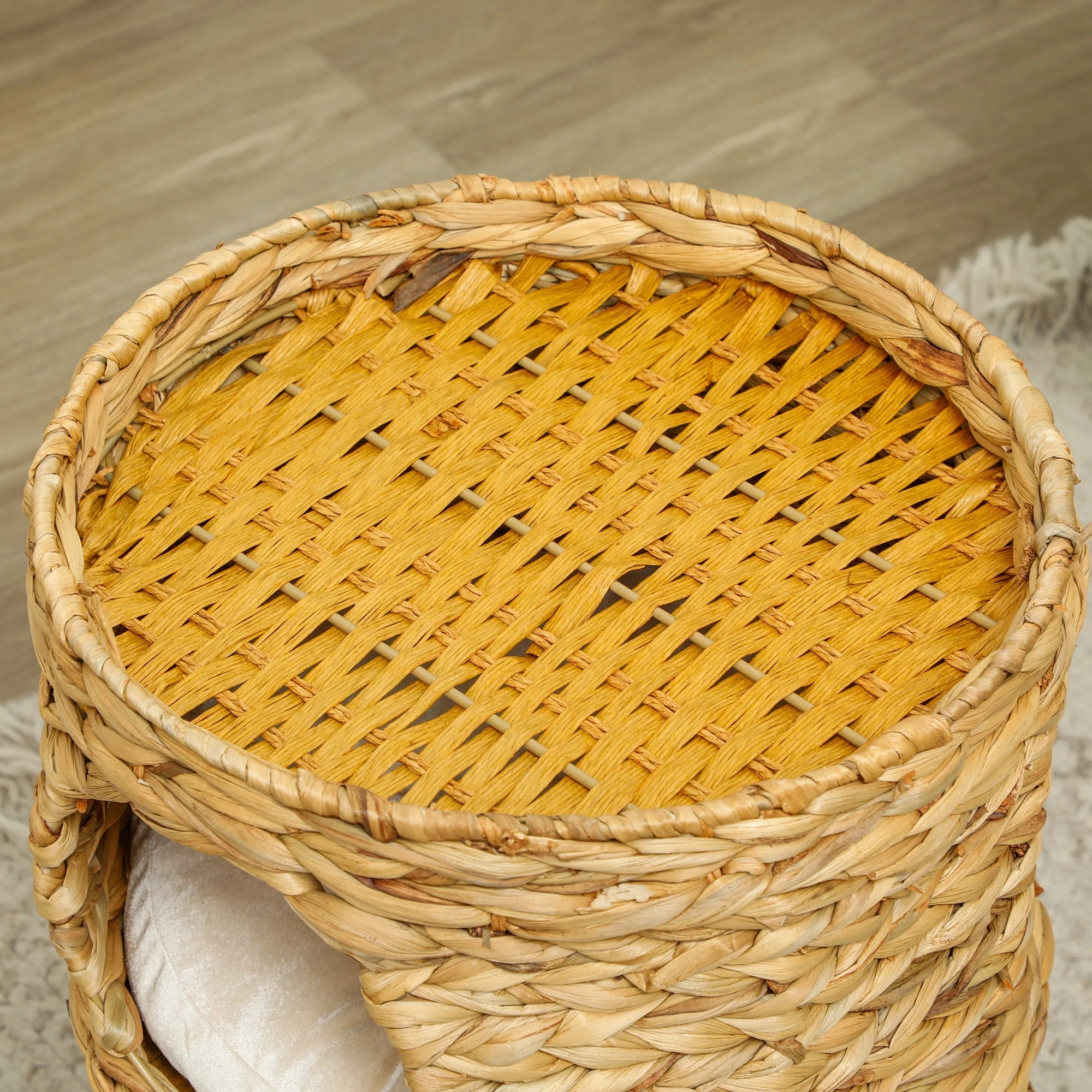 Cat Scratching Barrel, 50cm 2 Caves Cushion, Water Hyacinth Light Brown - Image 8