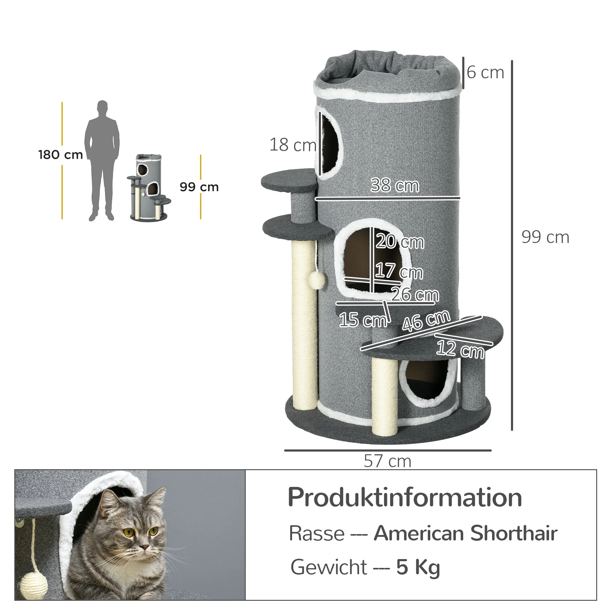 Cat Scratching Barrel 99cm with Bed & Play Ball, Grey - Image 3