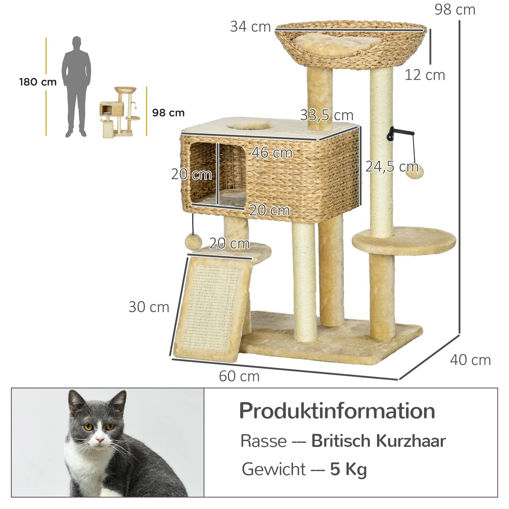 Cat Scratching Post, 98cm 2 Resting Areas Play Ball, Sisal Beige - Image 3