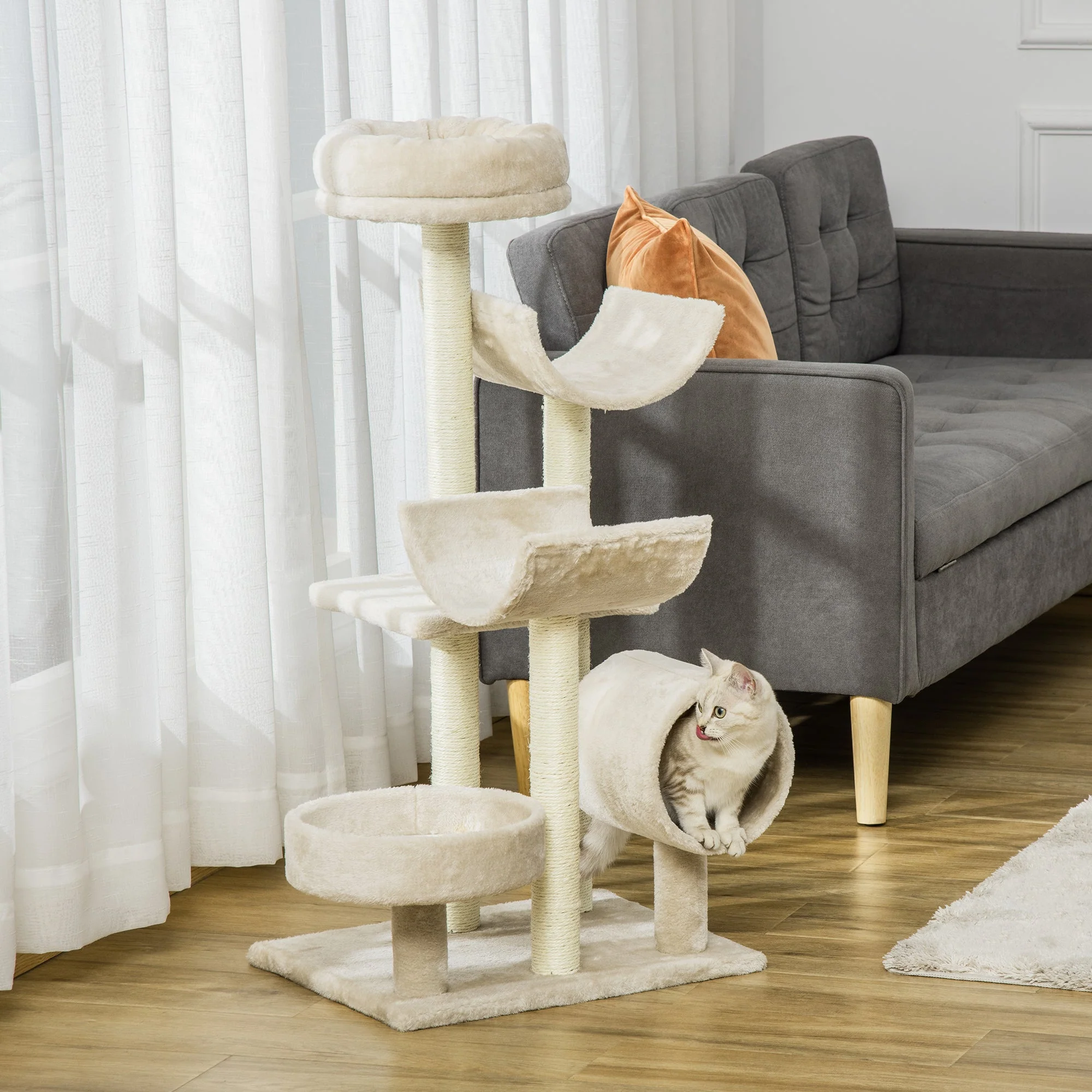 Cat Scratching Post, Climbing Tree with Toys & Tunnel, Beige - Image 2