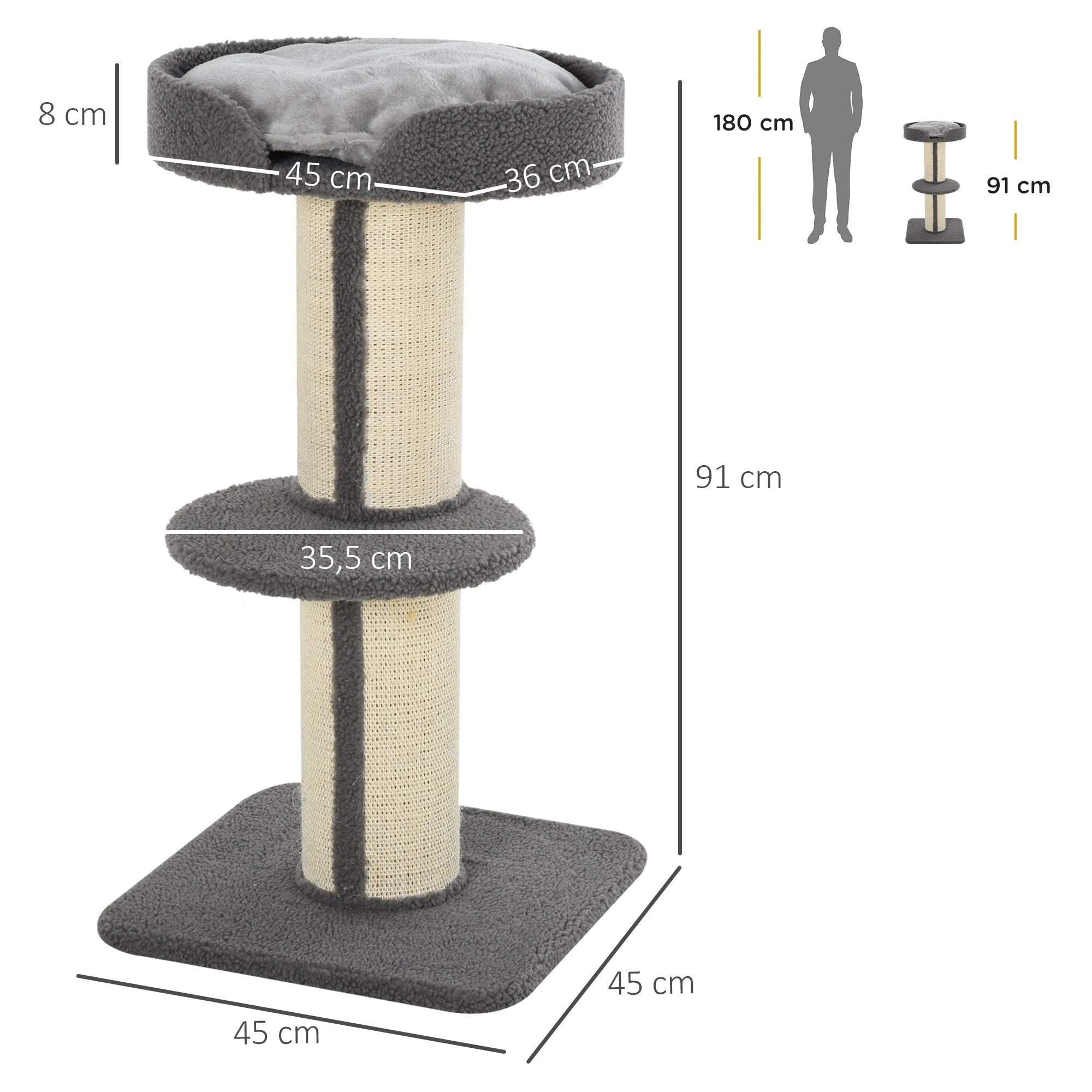 Cat Scratching Post, Sturdy with Platform, Sisal, Grey - Image 3