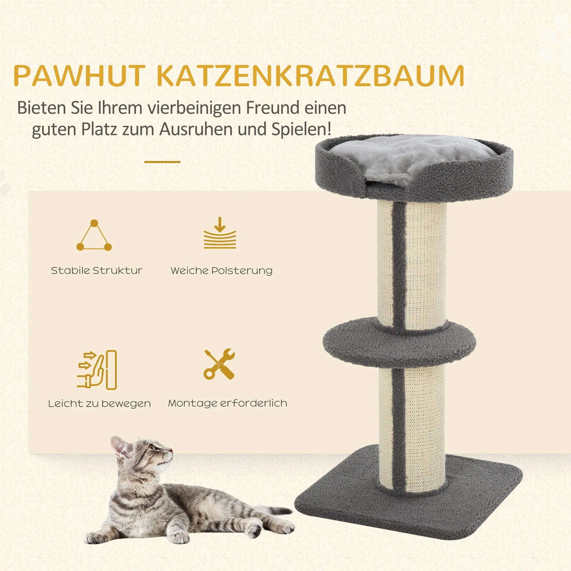 Cat Scratching Post, Sturdy with Platform, Sisal, Grey - Image 4