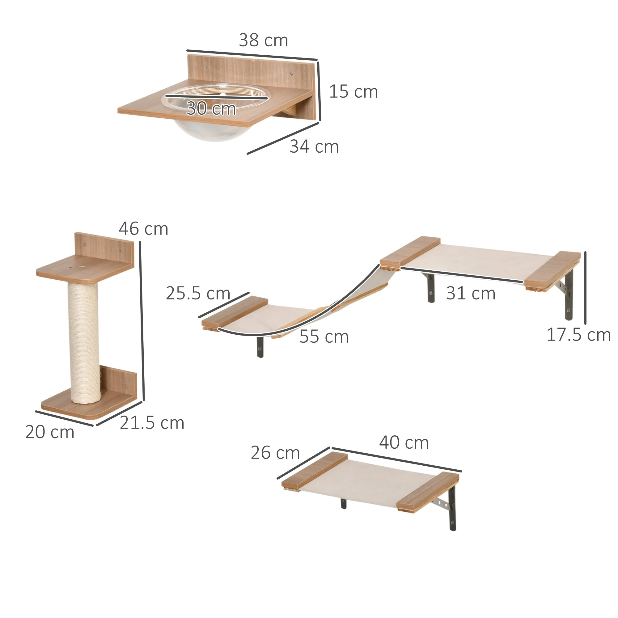 Cat Set with Scratching Post, Stairs & Hammock, Light Brown, Sisal, Acrylic, Pine - Image 3
