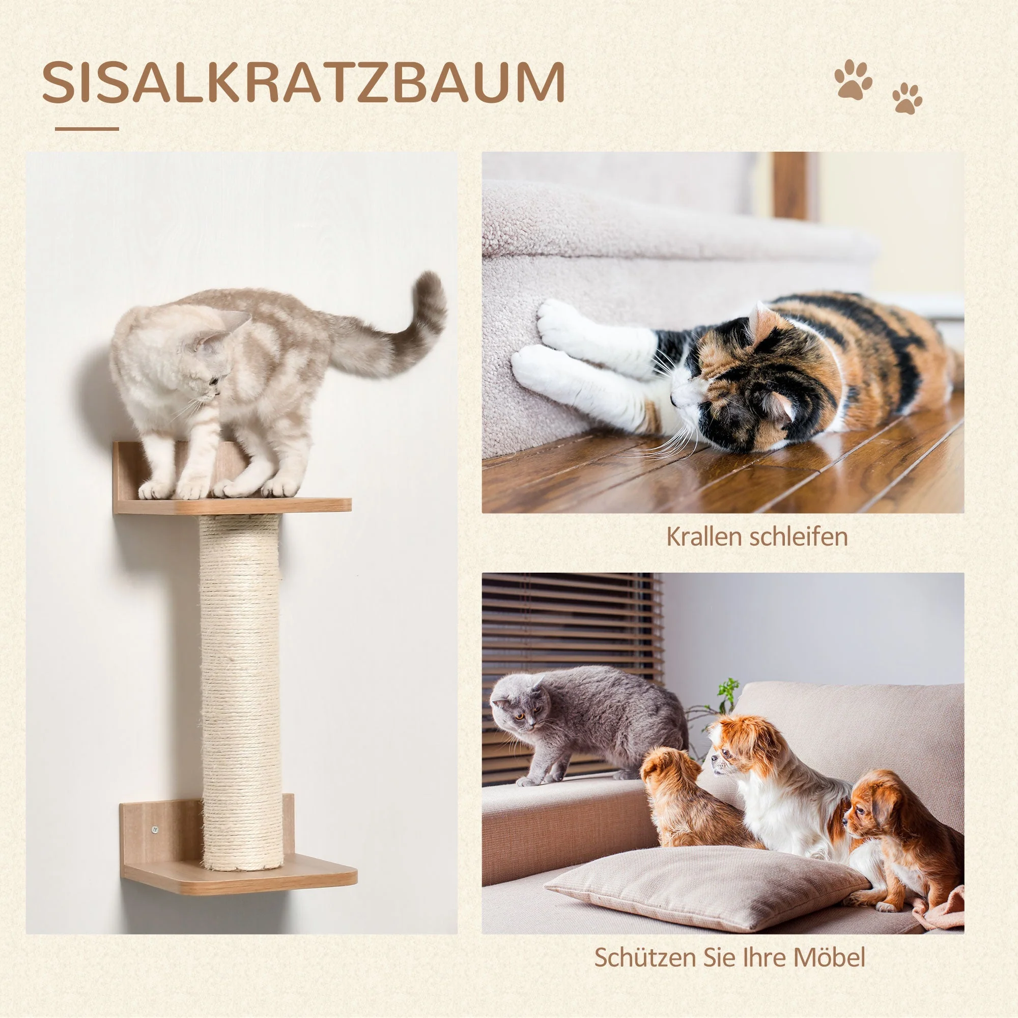 Cat Set with Scratching Post, Stairs & Hammock, Light Brown, Sisal, Acrylic, Pine - Image 6